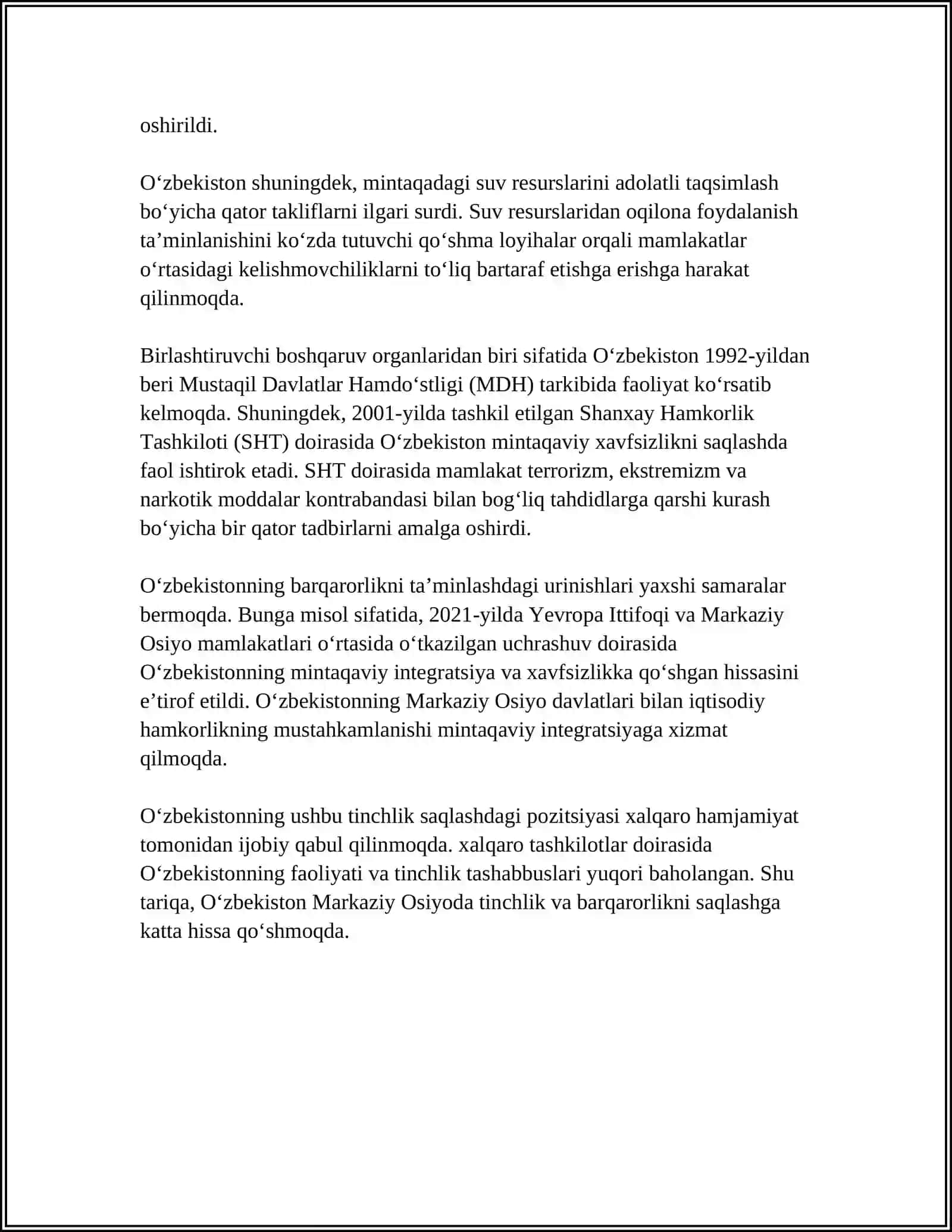 MUSTAQIL ISH Mavzu: O'ZBEKISTONNING MARKAZIY OSIYODA TINCHLIK VA BARQARORLIKNI TA'MINLASHDAGI O'RNI 4