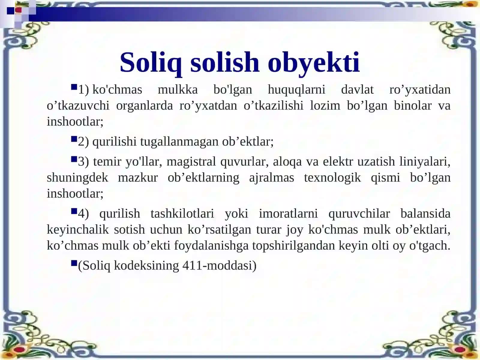 Taqdimot Yuridik shaxslarning mol-mulkiga solinadigan soliq. Yuridik shaxslardan olinadigan yer solig’i 4