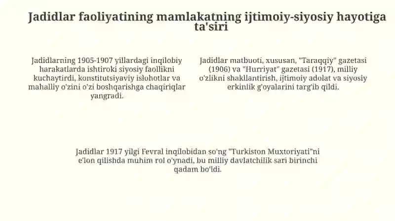 Jadid ma'rifatparvarlarining o'lka ijtimoiy - ma'naviy hayotida tutgan o'rni 4