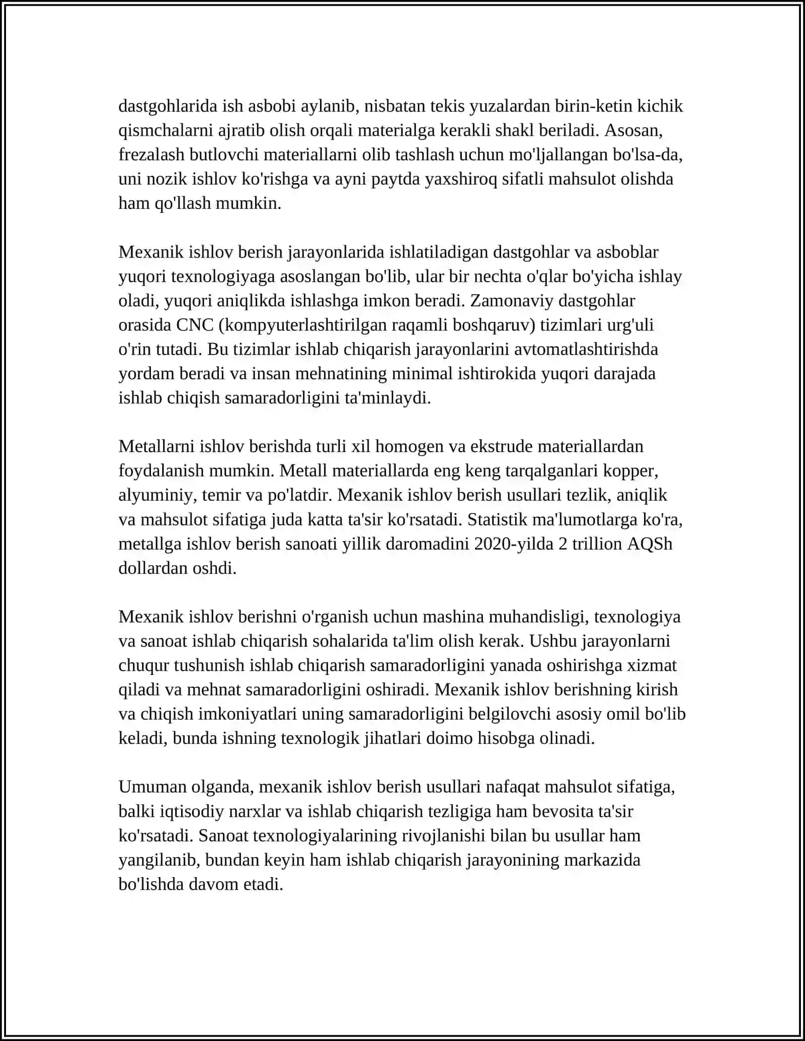 DETALLARGA ISHLOV BERUVCHI MARKAZLARDA MEXANIK ISHLOV BERISH TIPAVIY TEXNOLOGIK JARAYONLARNI TUZISH 4