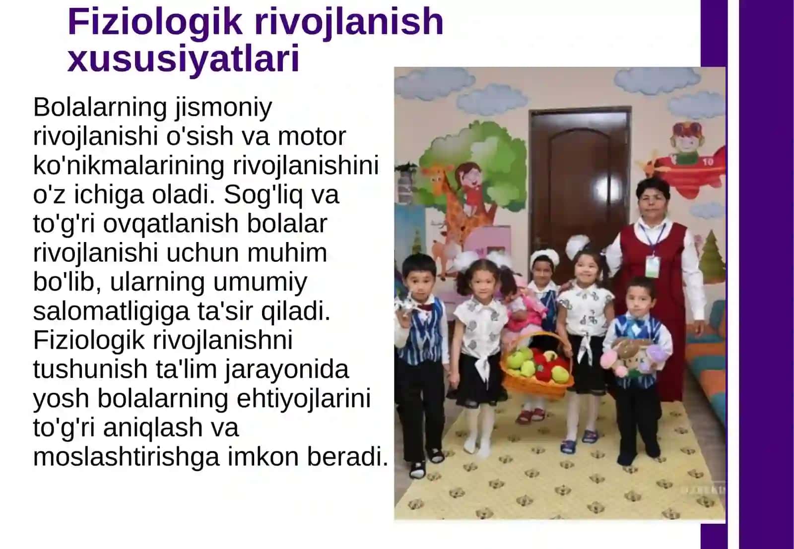 Maktabgacha ta'lim tashkilotida   "Ilk va maktabgacha yoshdagi bolalarning rivojlanishiga qo'yiladigan davlat talablariga"  asosida bolani maktabga tayyorlash. 4
