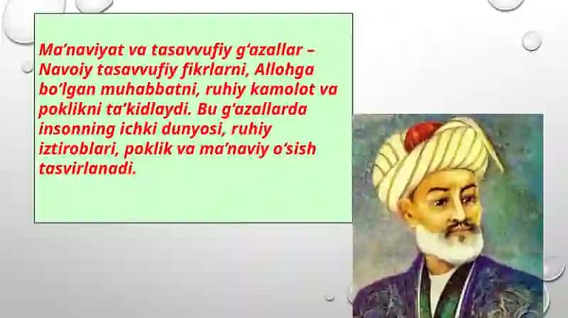 Navoiy gʻazallarining mavzu boʻyicha har bir turiga gʻazal yodlash va ularni gʻoyaviy va badiiy jihatdan tahlil qilish 4