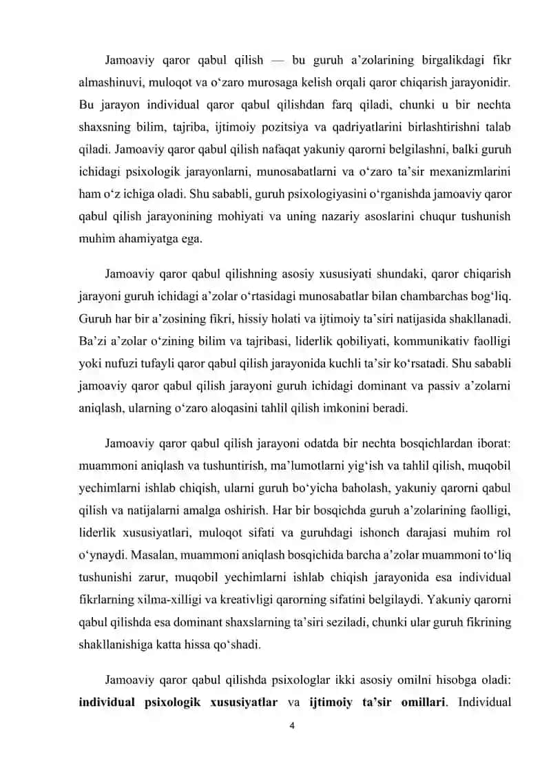 Guruhdagi jamoaviy qaror qabul qilish jarayonini kuzatib,kimning ta'siri kuchli bo'lganini aniqlang 4