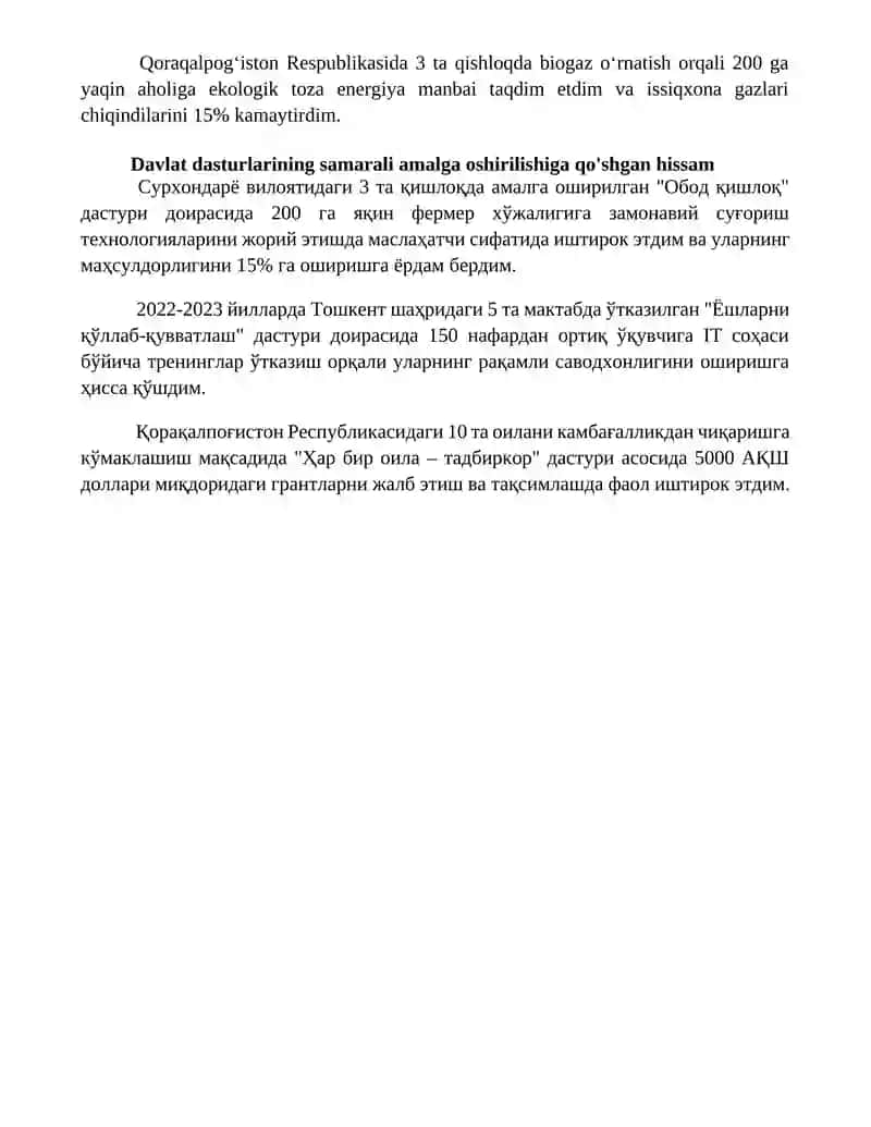 Yangi Oʻzbekiston taraqqiyotiga mening hissam 4