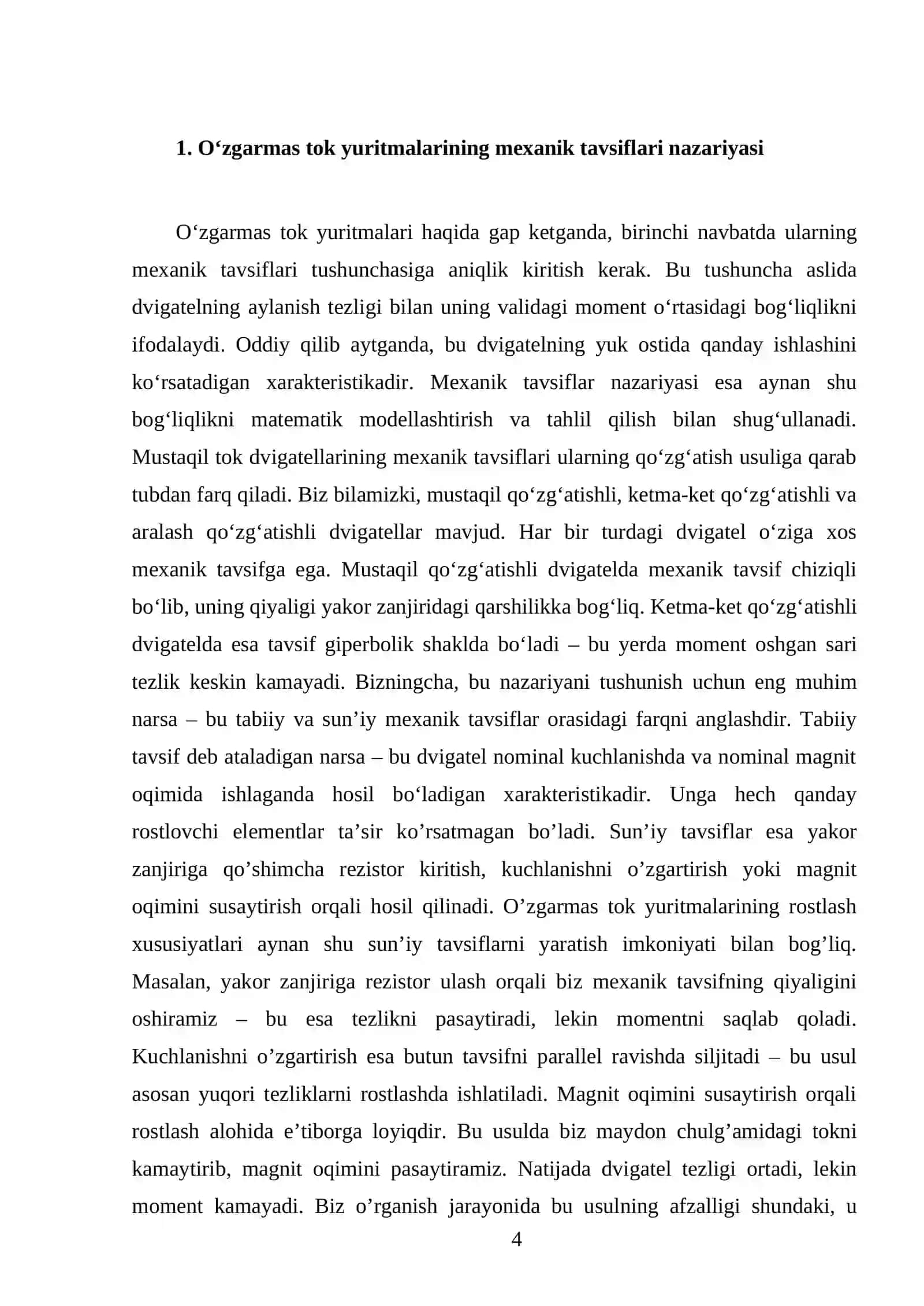 O‘zgarmas tok elektr yuritmalarining rostlash xususiyatlari va mexanik tavsiflari 4