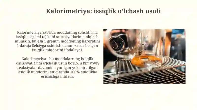 Kimyoviy termodinamika Termo kimyo Kaloromertlar Kaloromertik òlchashlar 4