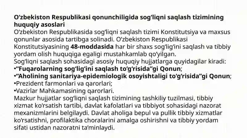O'zbekiston Respublikasi qonunchiligida sog'liqni saqlash va tibbiyotga oid masalalar 4