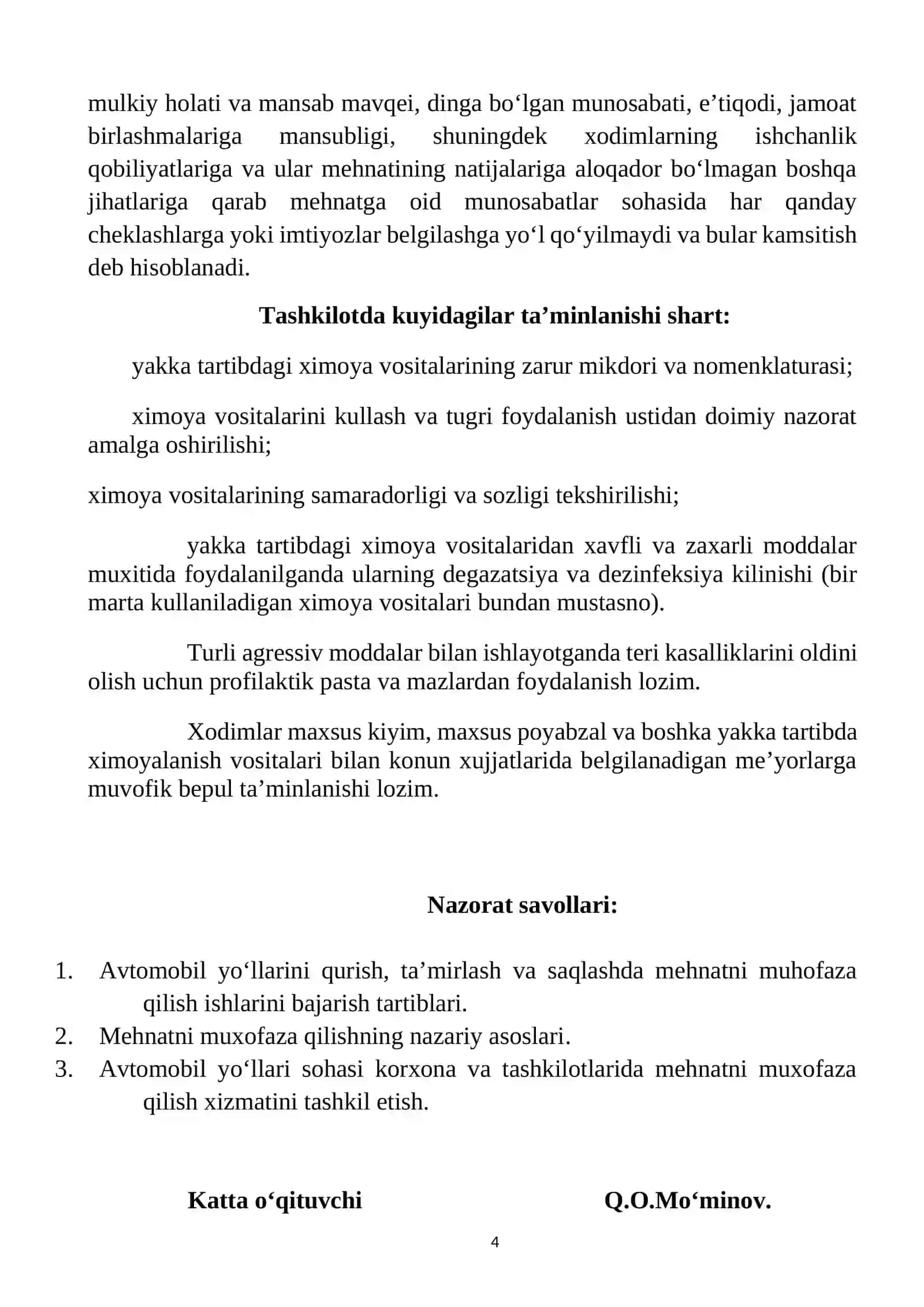 Mavzu 3. Avtomobil yo‘llari sohasida mehnatni muhofaza qilish va uning ahamiyati 4