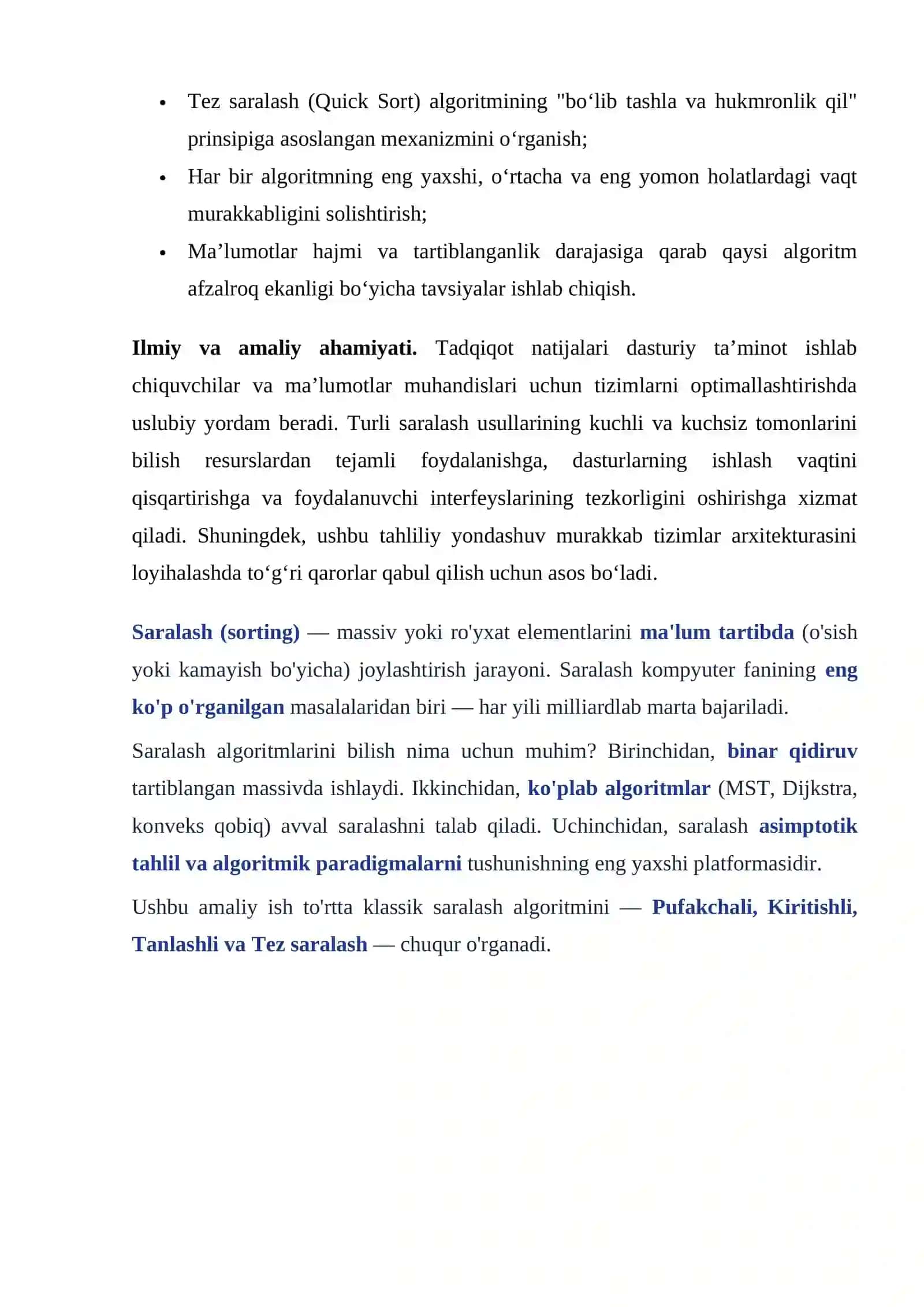 Saralash usullari. Pufakchali saralash. Kiritishli saralash. Tanlashli saralash. Tez saralash 4