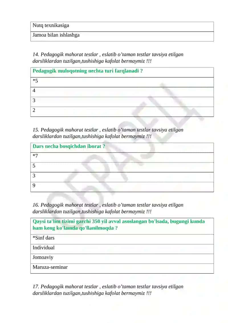 Pedagogik mahorat testlar 4
