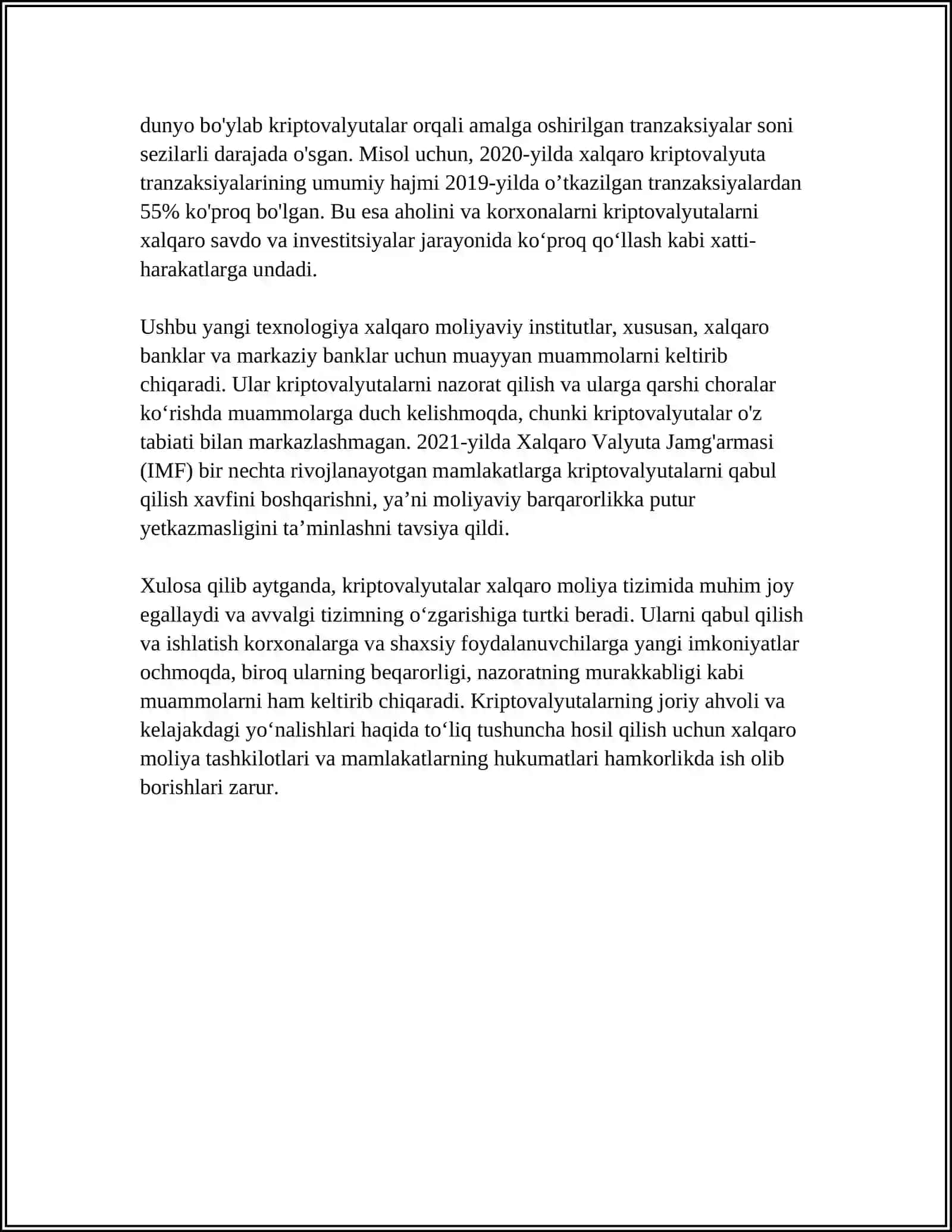 KRIPTOVALYUTA XALQARO MOLIYADA TUTGAN ÓRNI 4