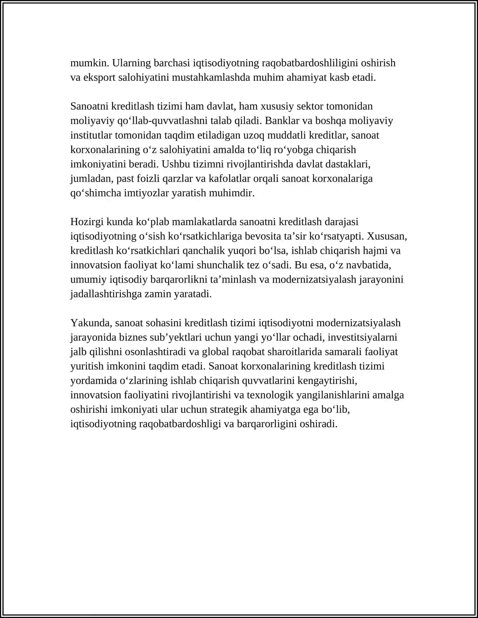 МАВЗУ IQTISODIYOTNI MODERNIZATSIYALASH SHAROITIDA SANOATNING KREDITGA 4