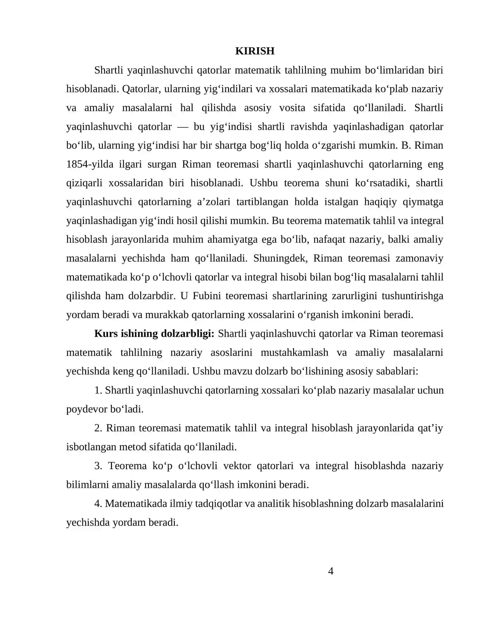 "Shartli yaqinlashuvchi qatorlar haqidagi Riman teoremasi" mavzusidagi KURS ISHI 4