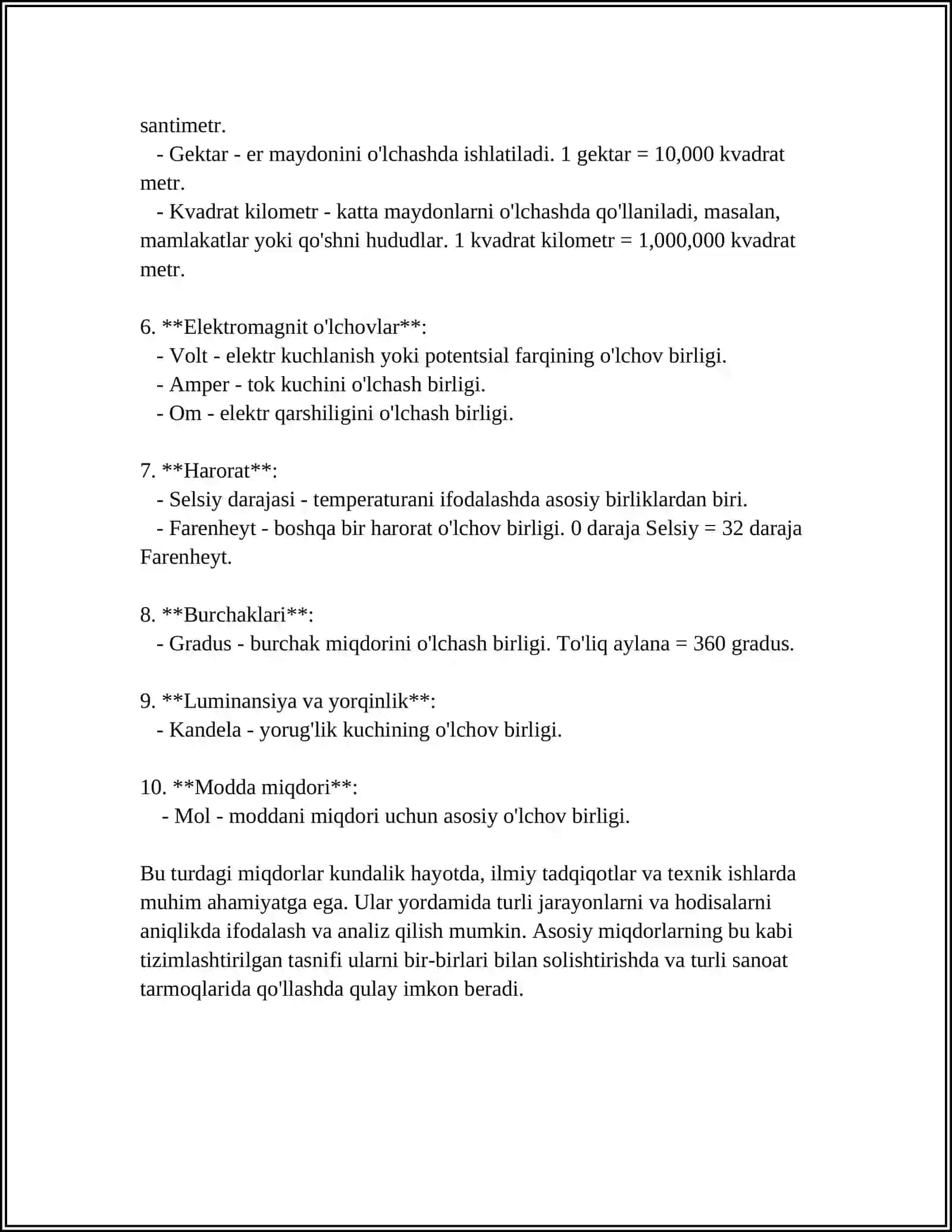 BOSHLANG'ICH SINFLARDA O'RGANILADIGAN ASOSIY MIQDOR, UZUNLIK, MASSA, NARX, BAHO, MASOFA, TEZLIK 4