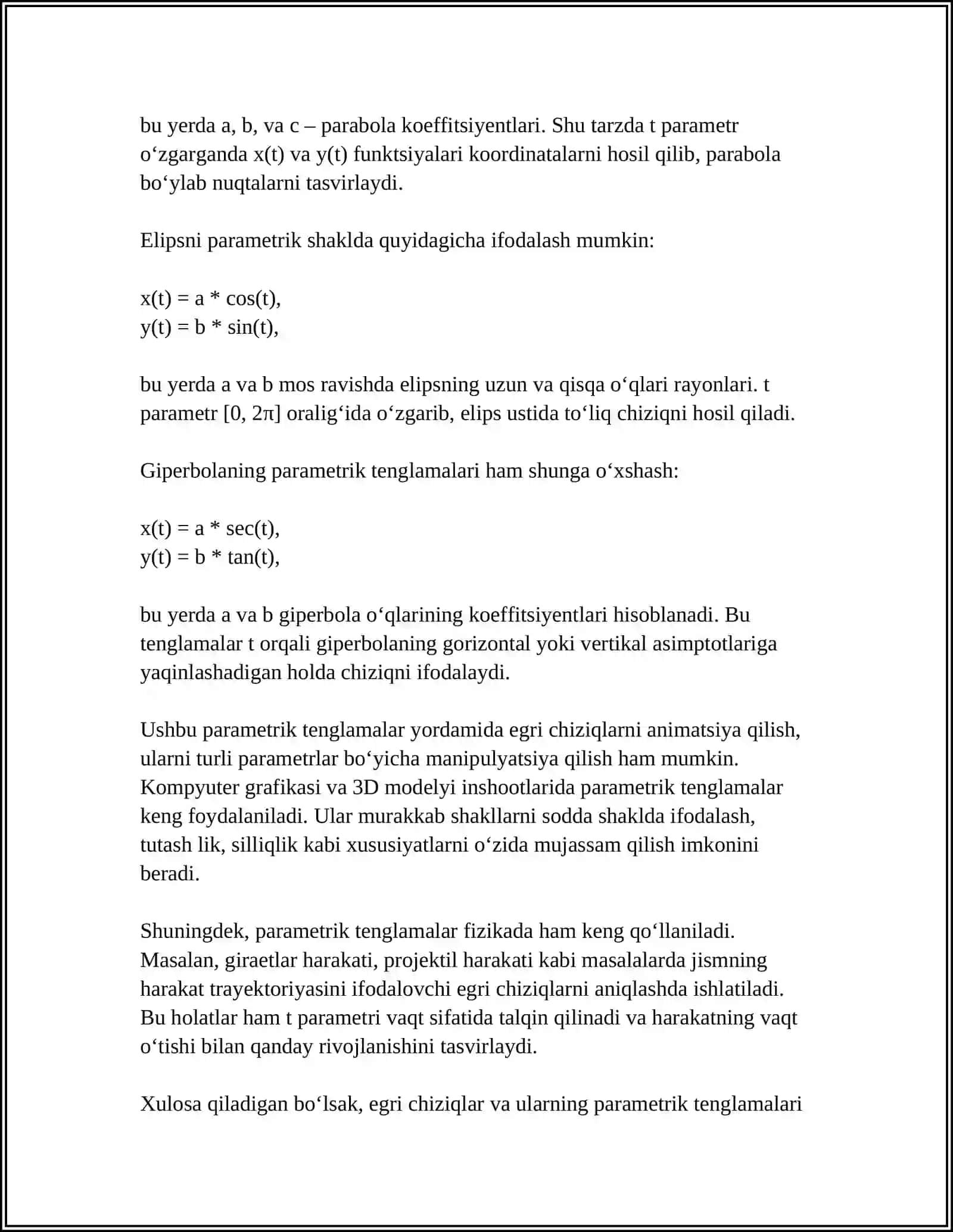 EGRI CHIZIQLARNING PARAMETRIK TENGLAMALARI. VEKTORLARNING BIOMETRIK VA MEXANIK MASALALARIGA TADBIQ 4