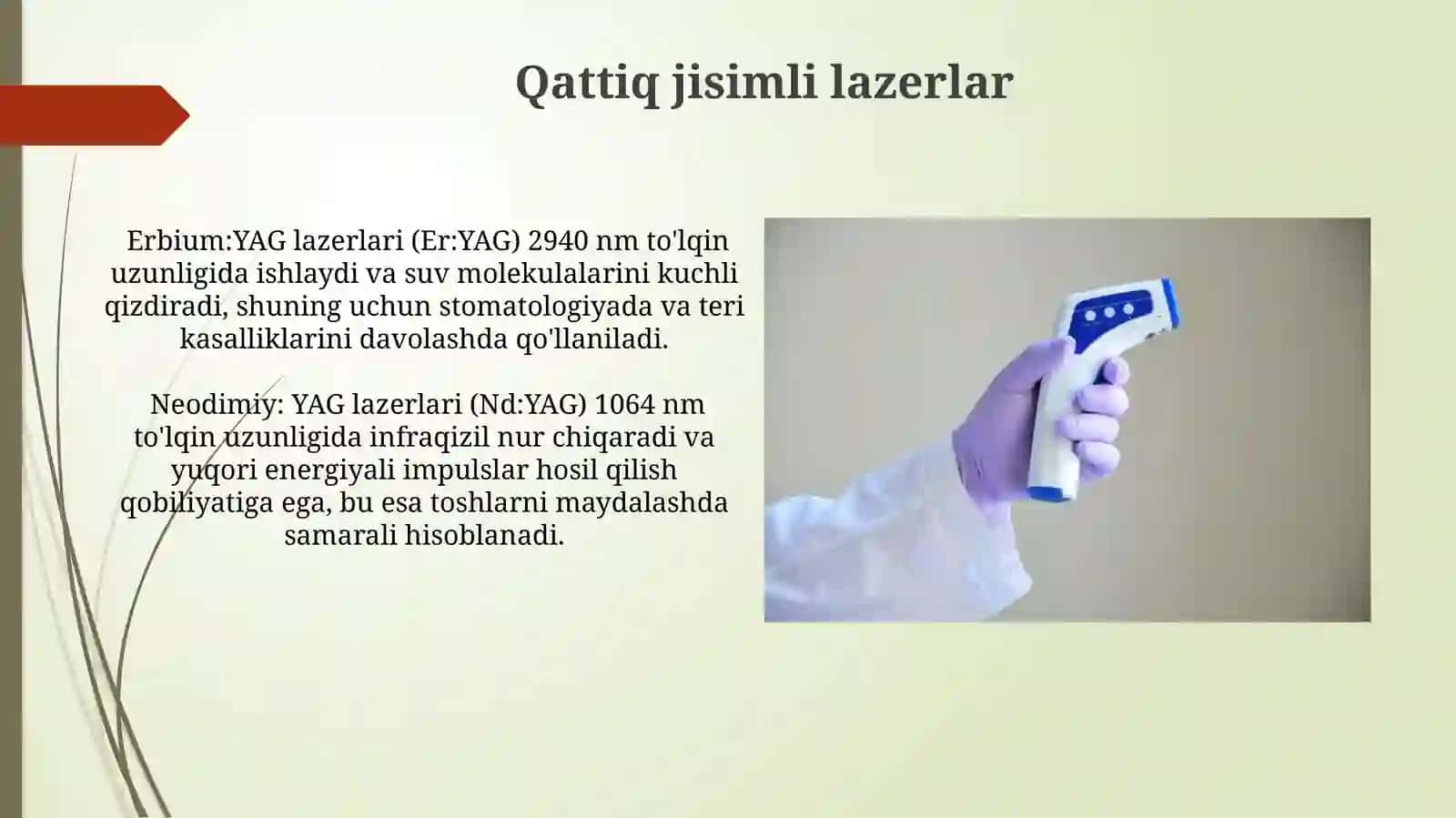Lazeralar.OKG va uning turlari.Lazer nurlarini xossalari va tibbiyotda qoʻllanilishi 4
