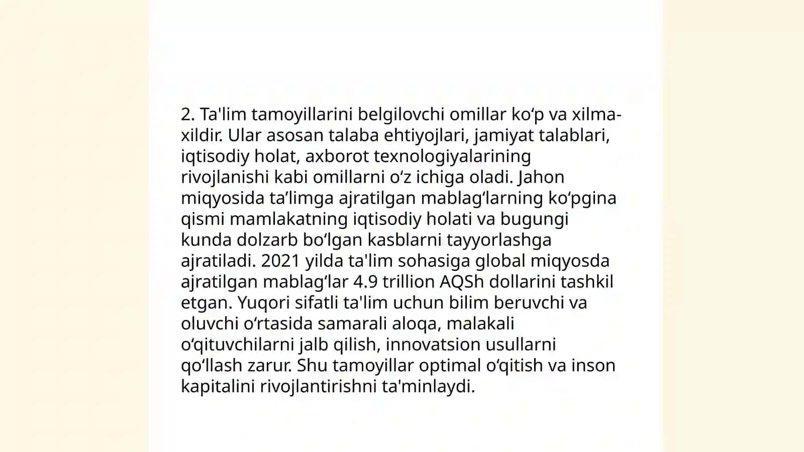 Ta'lim tamoyillari.Ta'lim tamoyillarining o'qitish jarayonidagi o'rni 4