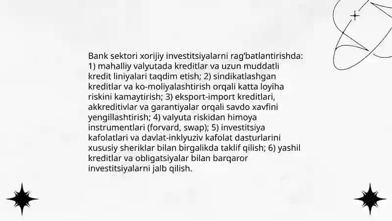 Moliyaviy tizimning xorijiy investitsiyalarni jalb qilishdagi umumiy roli 4