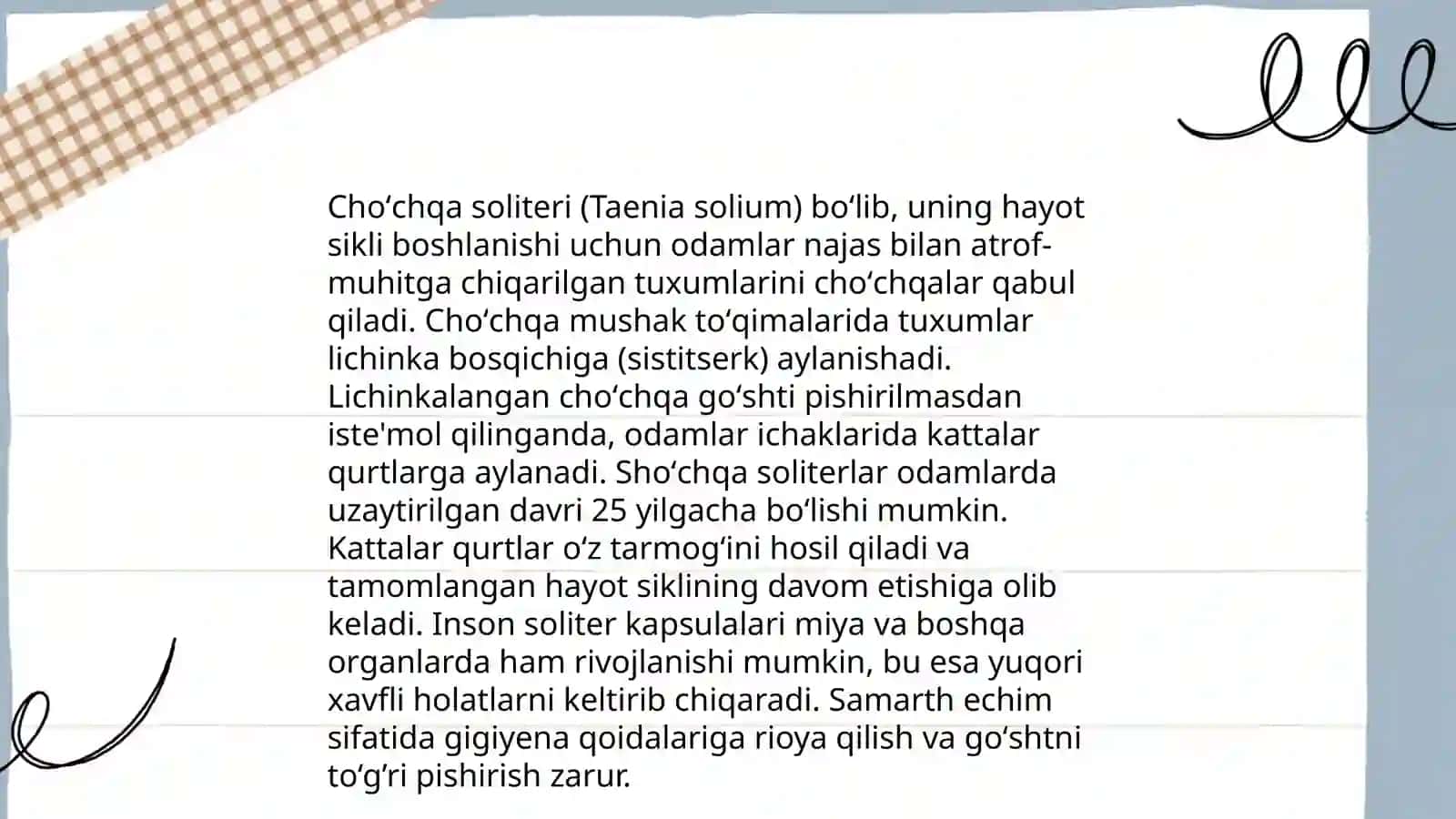 Tasmasimon chuvalchanglar odam parazitlari: choʻchqa, qoramol soliteri, pakana gijja 4