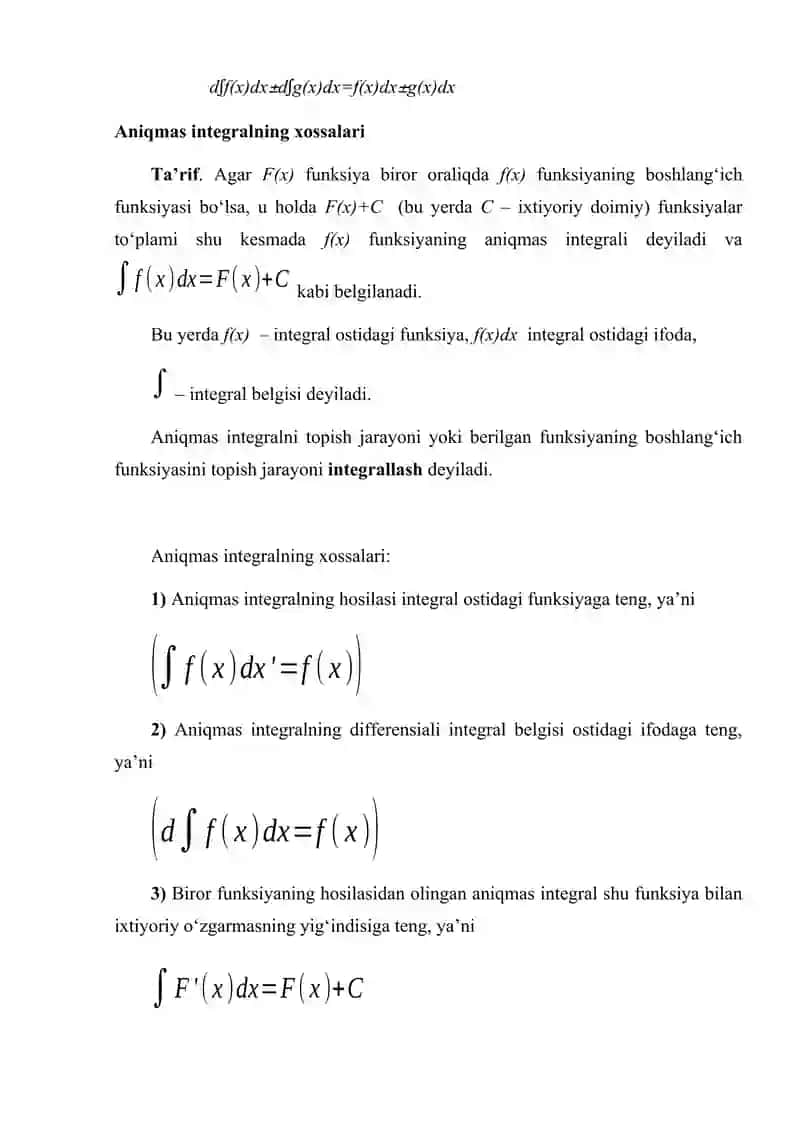 Boshlang`ich funksiya va aniqmas integral. Aniqmas integralning xossalari. Aniqmas integrallar jadvali 4