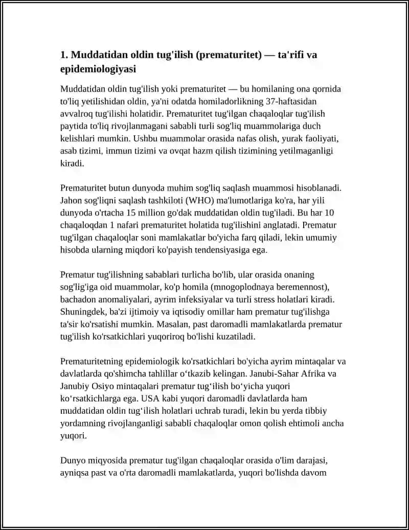 REFERAT Mavzu: HOMILADORLIK MUDDATIGA YETMASLIGI VA MUDDATIDAN O’TIB KETISHI. ETIOPATOGENEZI, TASNIFI, KLINIKASI, TASHXISLASH. TUG'RUQ INDUKSIYASI. HOMILA QOG'ONOQ PARDASINING MUDDATIDAN OLDIN YORILISHI. 4