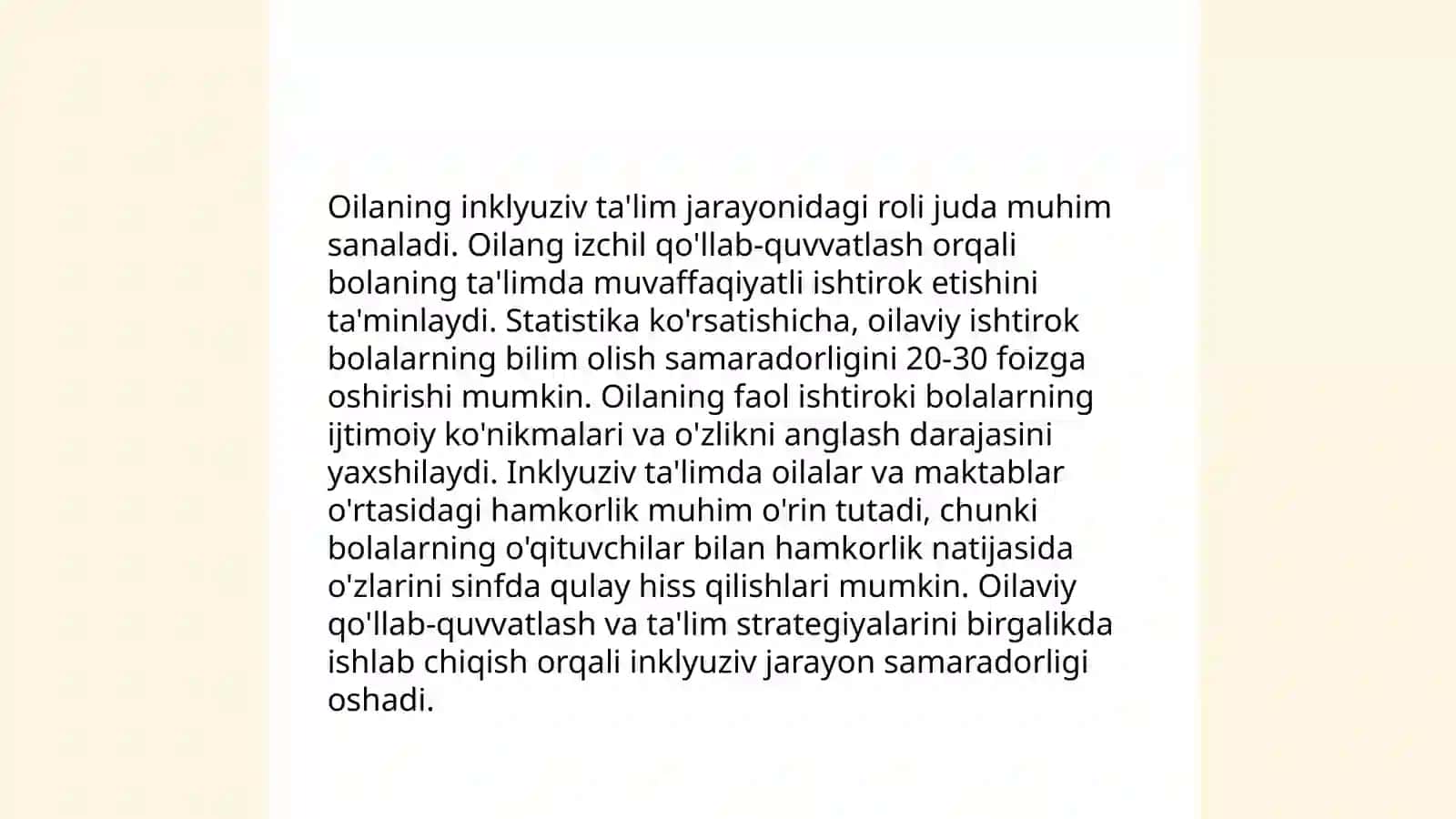 Alohida yordamga muhtoj bolani umumta'lim maktabi yoki maktabgacha tashkilotda inklyuziv ta‘lim sharoitida o'qishga moslashishida oila va maktabning o'rni 4