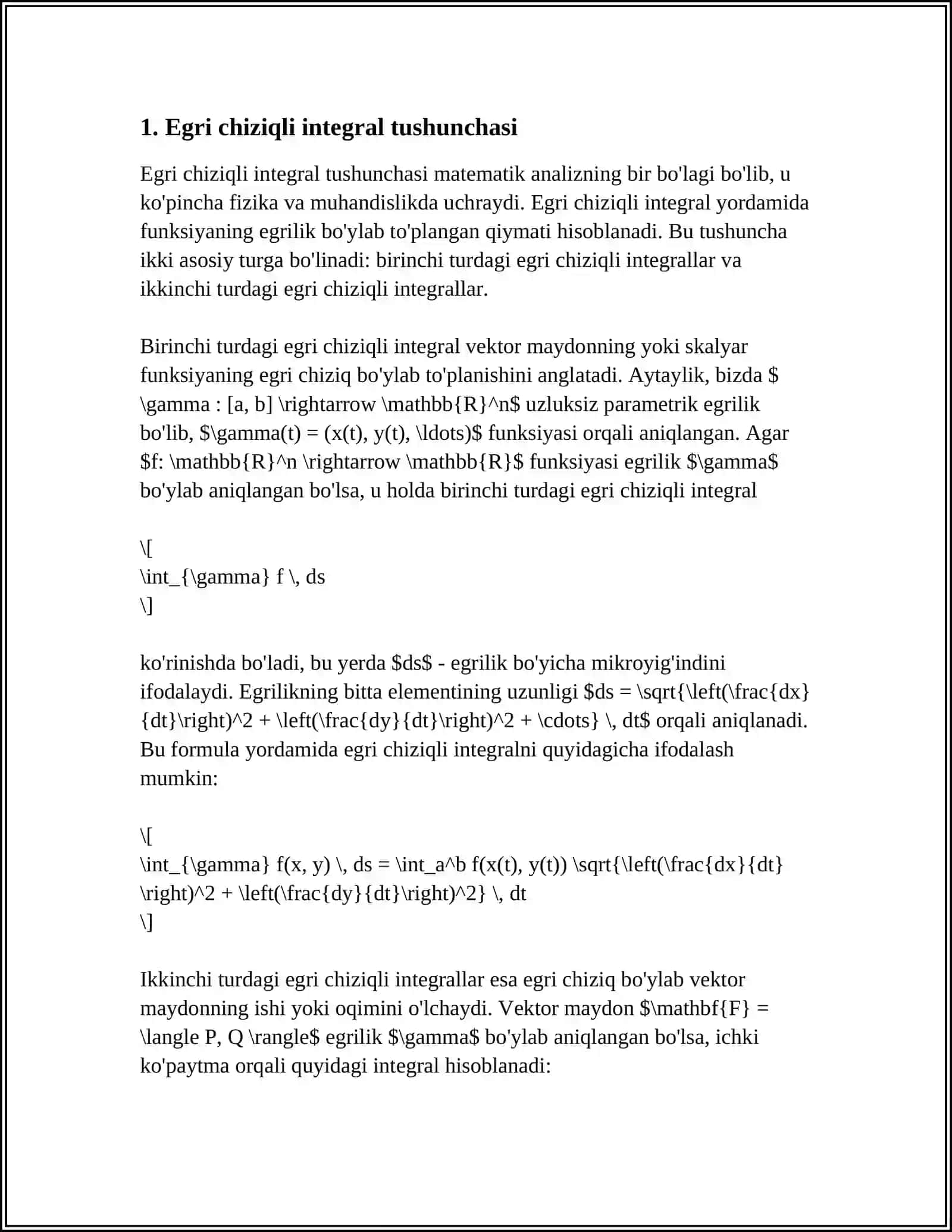 BIRINCHI VA IKKINCHI TUR EGRI CHIZIQLI INTEGRALLARNING GEOMETRIK VA MEHANIK MASALALARGA TATBIQLARI 4