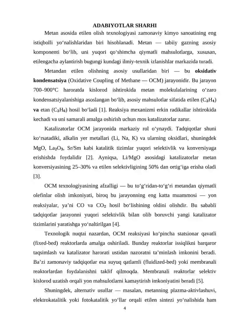 METAN ASOSIDA ETILEN OLISH TEXNOLOGIYASIDAGI REAKTORNI HISOBLASH 4