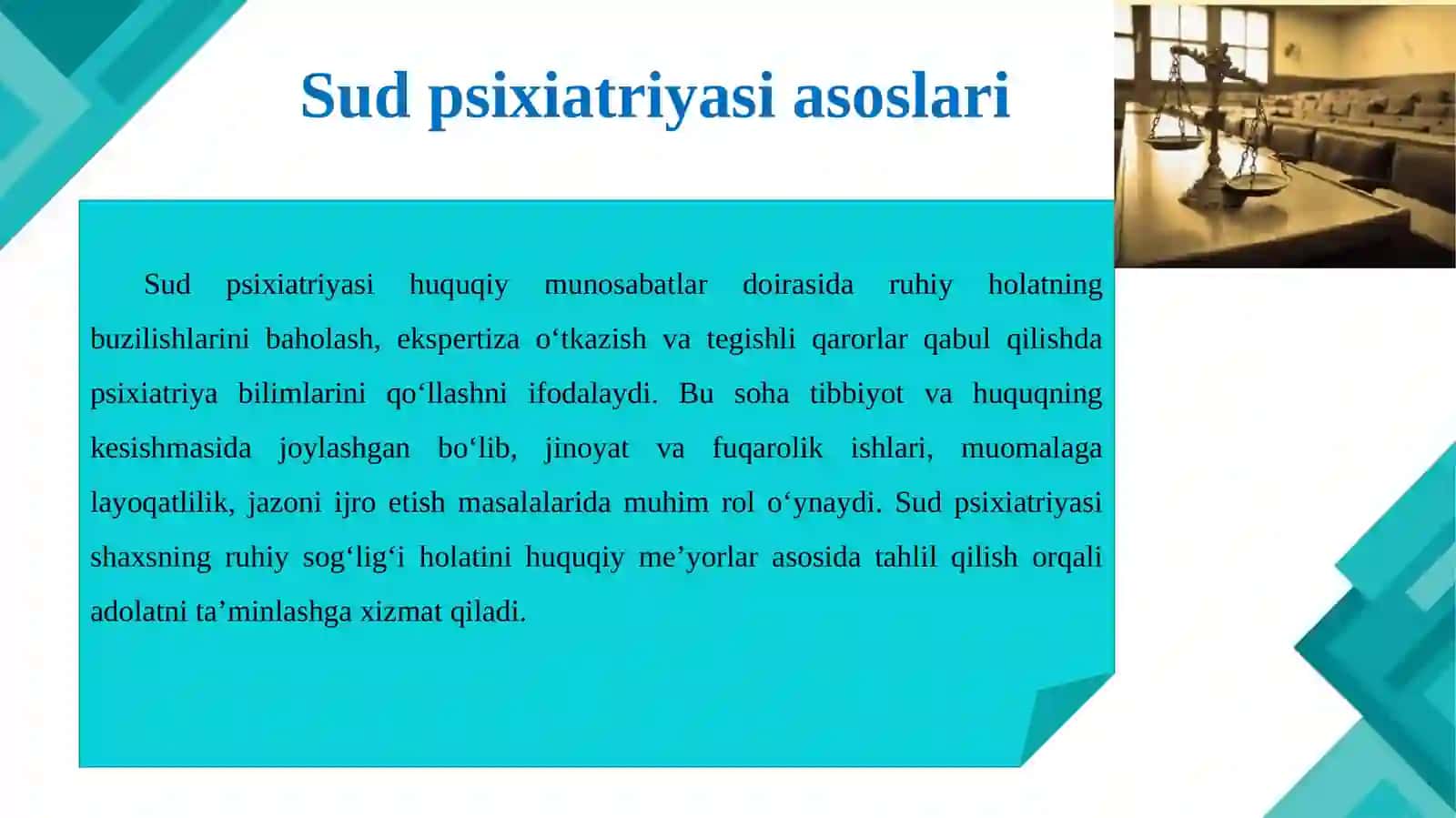 Sud psixiatriyasi asoslari. Sud psixiatriyasining predmeti va vazifalari. Asosiy maqsadlari va ahamiyati. “Psixiatriya yordami to‘g‘risida” hamda “Sud-ekspertiza to‘g‘risida”gi qonunlar. Qonunchilikka umumiy sharh.pptx 4
