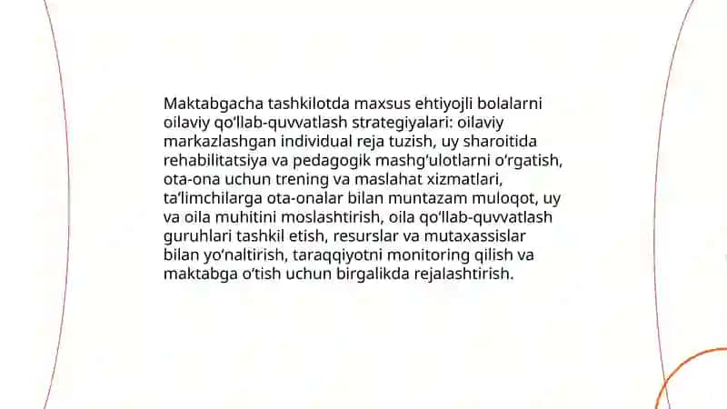 Alohida yordamga muhtoj bolani umumtaʼlim maktabi yoki maktabgacha tashkilotda inklyuziv taʼlim sharoitida oʻqishga moslashishida oila va maktabning oʻrni 4