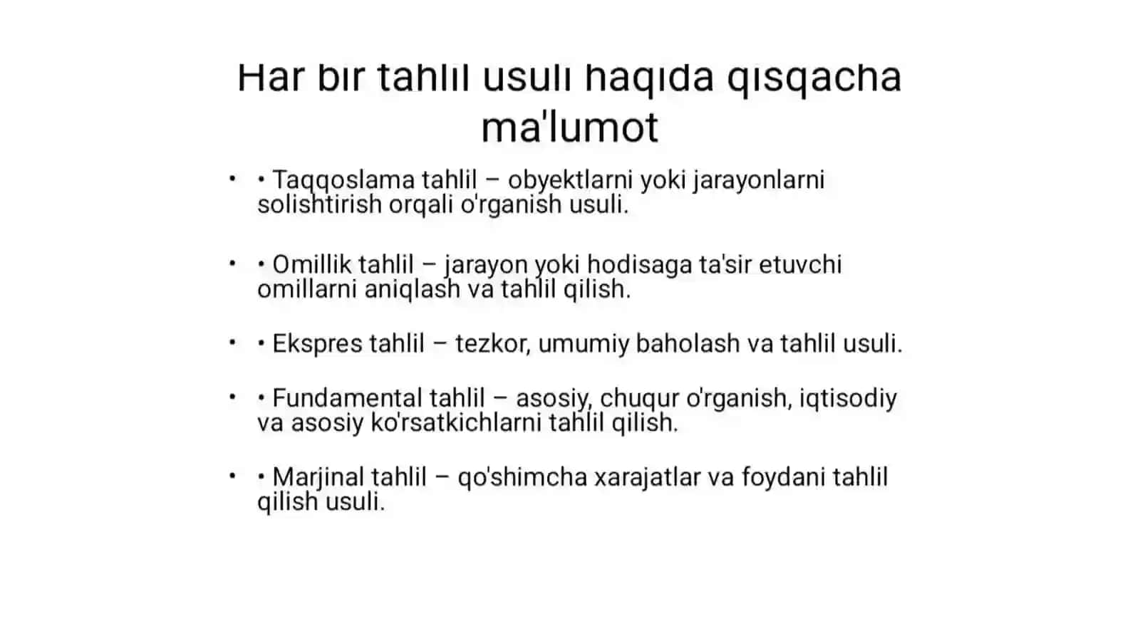Iqtisodiy tahlil fanidan PPT – Taqqoslama, Omilli, Ekspres, Fundamental va Marjinal tahlil usullari 4