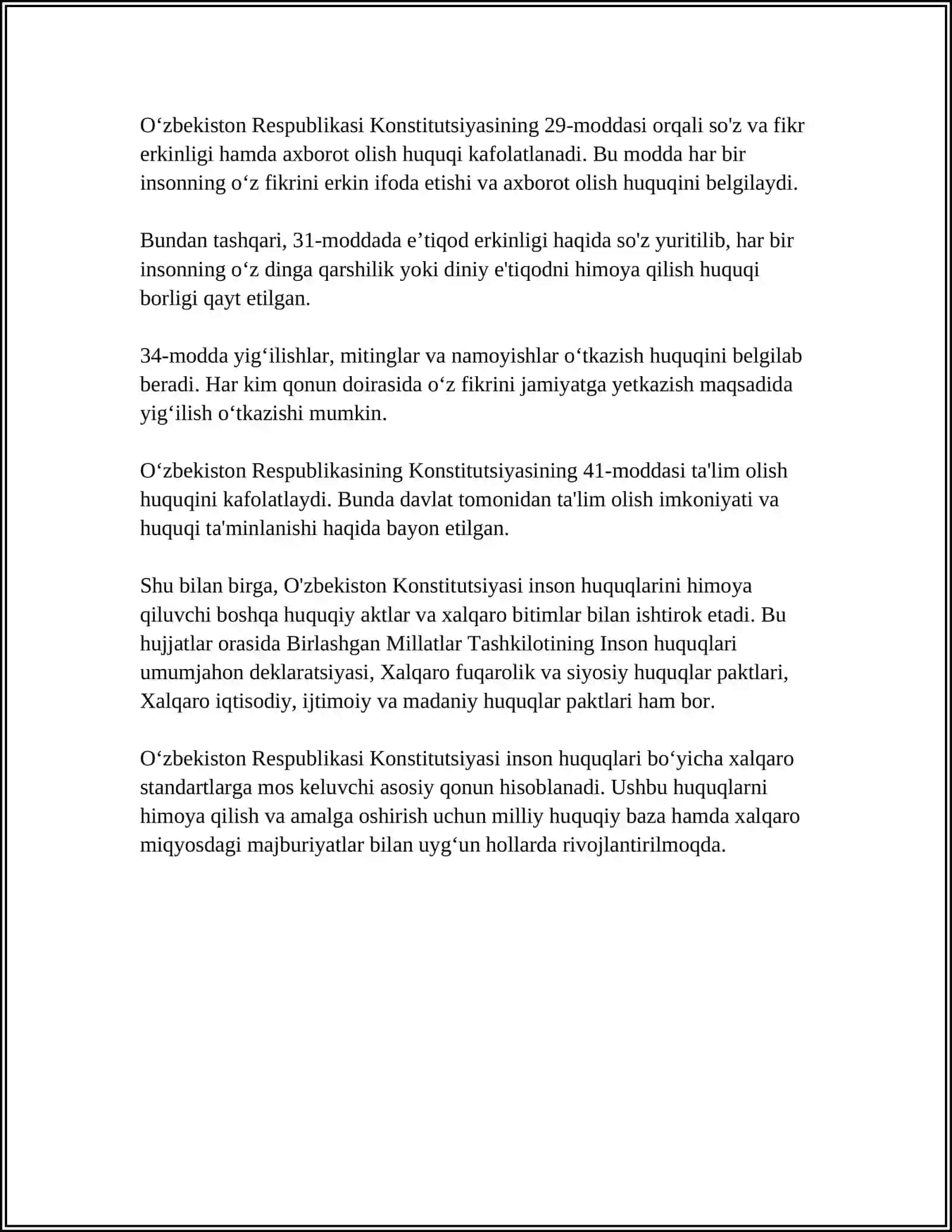 O'ZBEKISTONDA INSON HUQUQLARI VA ERKINLIKLARI KAFOLATINING YARATILISHI 4