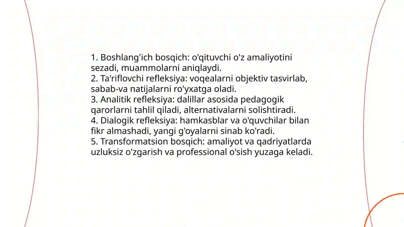Kasbiy refleksiya o'qituvchining pedagogik faoliyatini tahlil qilish 4