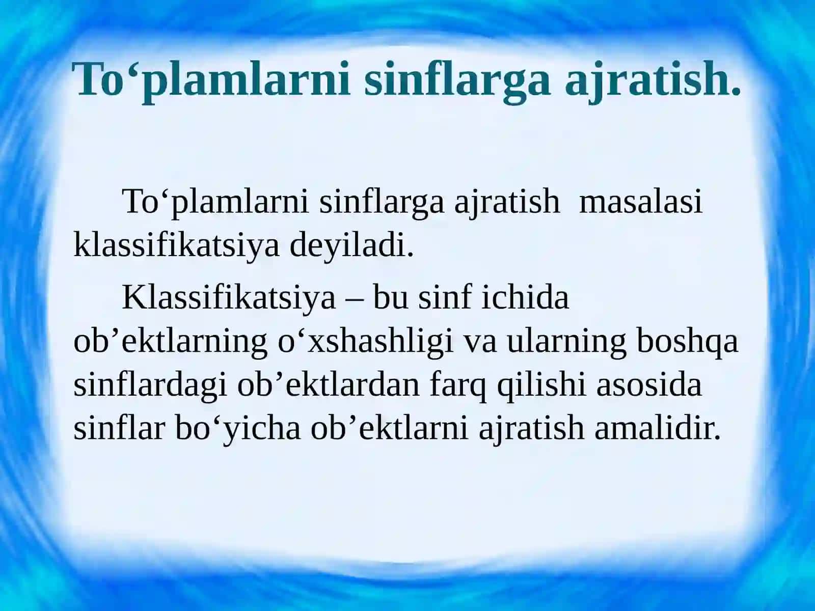 To`plamlarni o`zaro kesishmaydigan to`plam ostilariga (sinflarga) ajratish tushunchasi. To`plamlarni bitta, ikkita va uchta xossaga ko`ra sinflarga ajratish 4