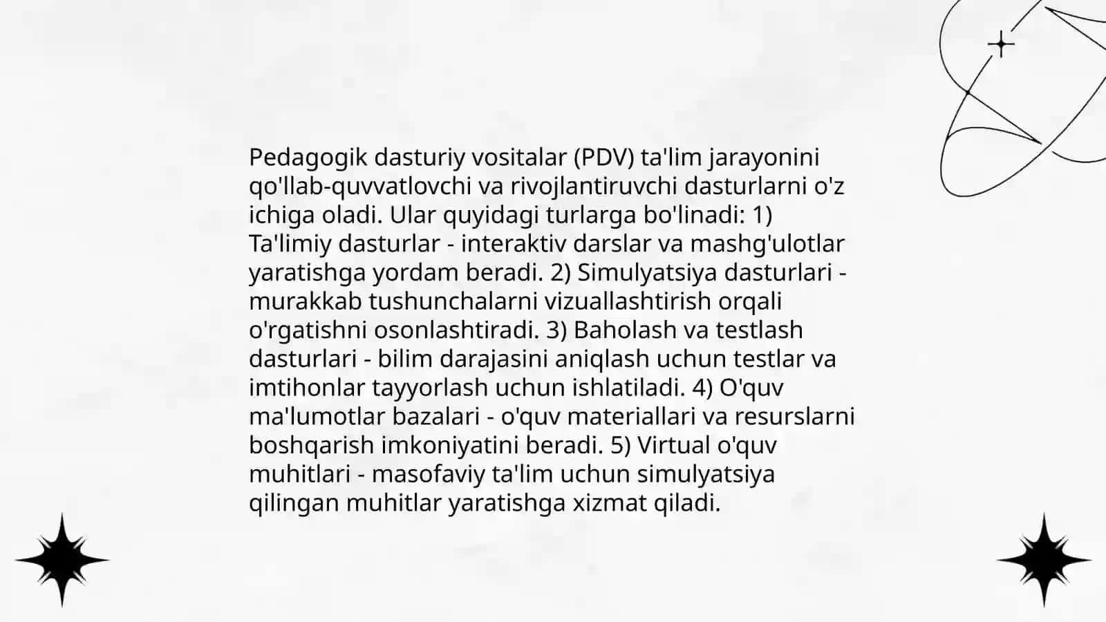 Namoyish qiluvchi dasturlarda pedagogik dasturiy vositalar bo'yicha test savollari tuzish 4