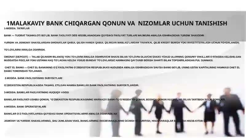 Malakaviy bank chiqargan qonun va nizomlar uchun tanishish 4