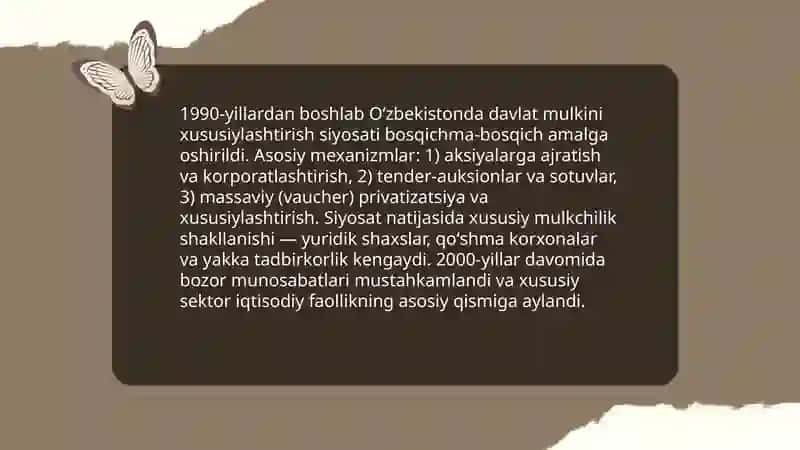 Iqtisodiy islohotlar, xususiy mulkchilikning shakllanishi, Oʻzbekistonda bozor munosabatlarining rivojlanishi 4