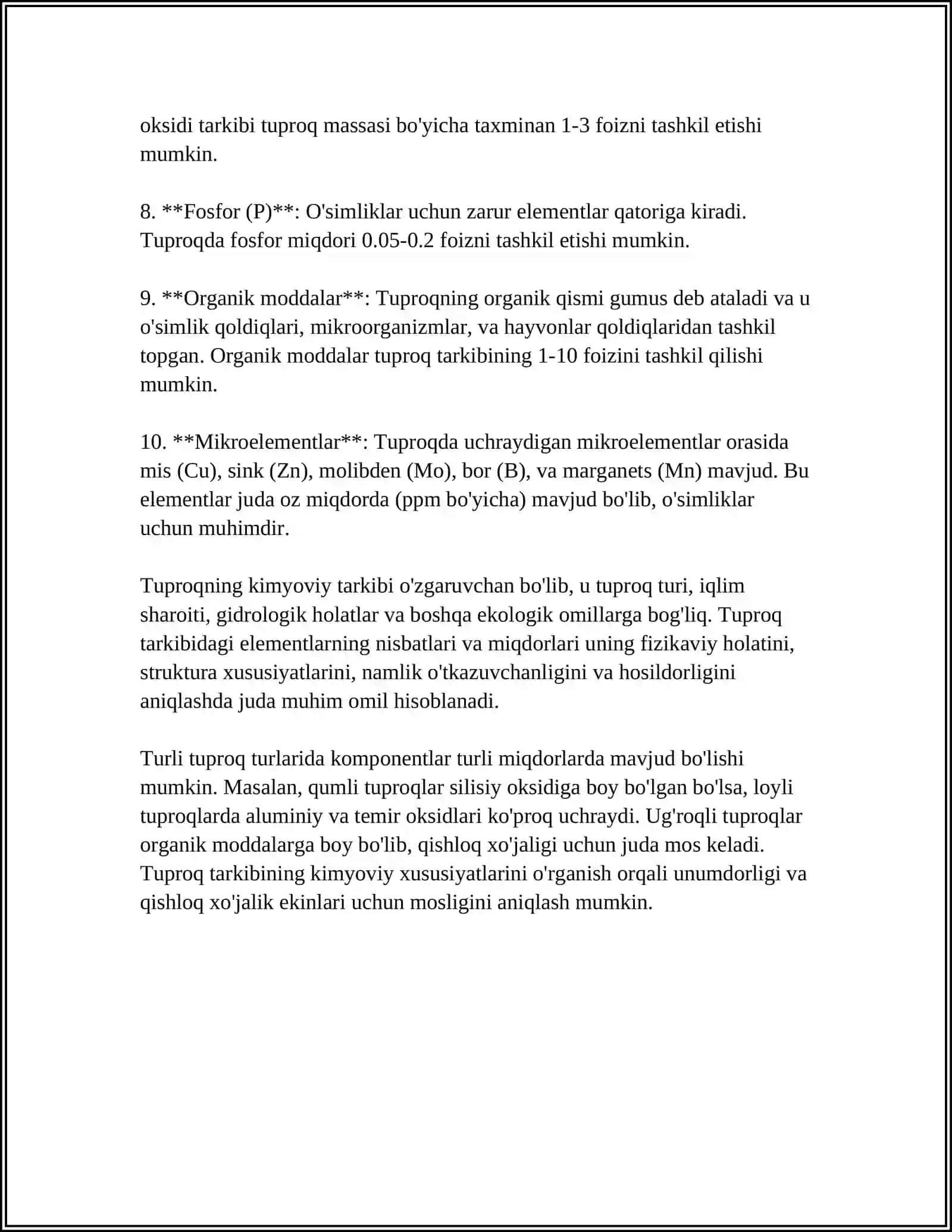 MUSTAQIL ISH Mavzu: TUPROQLARNING KIMYOVIY TARKIBI VA ORGANIK QISMI,ULARNING AHAMIYATI 4