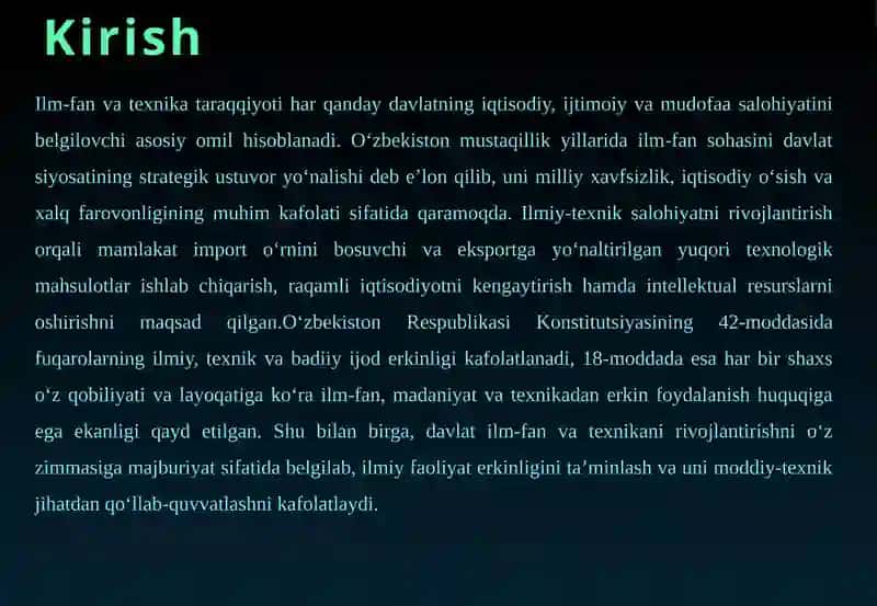O‘ZBEKISTONNING ILMIY-TEXNIKA SOHASIDAGI YUTUQLARI 4