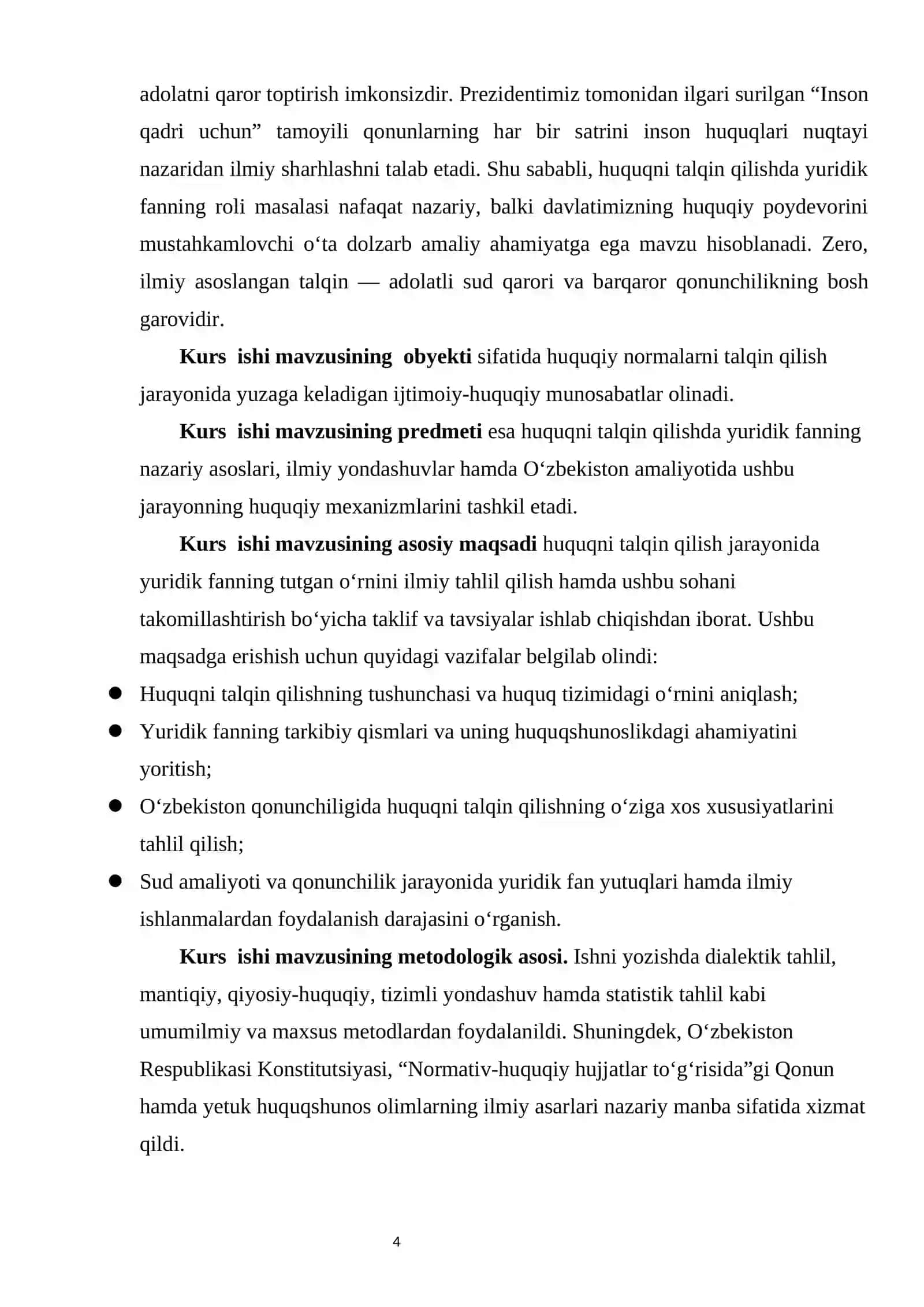 Huquqni talqin qilishda yuridik fanning roli kurs ishi 4