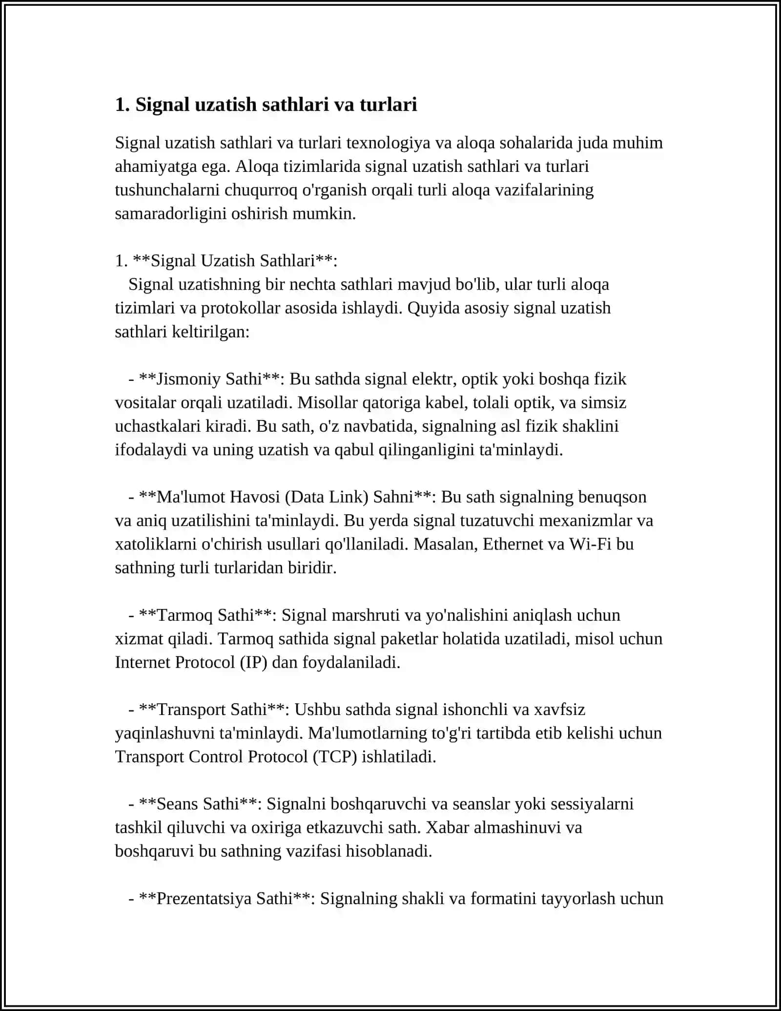 SIGNAL UZATISH SATHI. LOGARIFMIK O‘LCHOV BIRLIKLARI. RAQAMLI SIGNALNI SHAKLLANTIRISH VA RAQAMLI E1OQIM TAMOYILLARINI O‘RGANISH. MULTIMEDIA UZATISH TIZIMLARI ELEMENTLARINING ISHONCHLILIGI HISOBLASH. KOMMUTATSIYA TUGUNINING UMUMIY TUZILISHI VA VAZIFALARINI O‘RGANISH 4