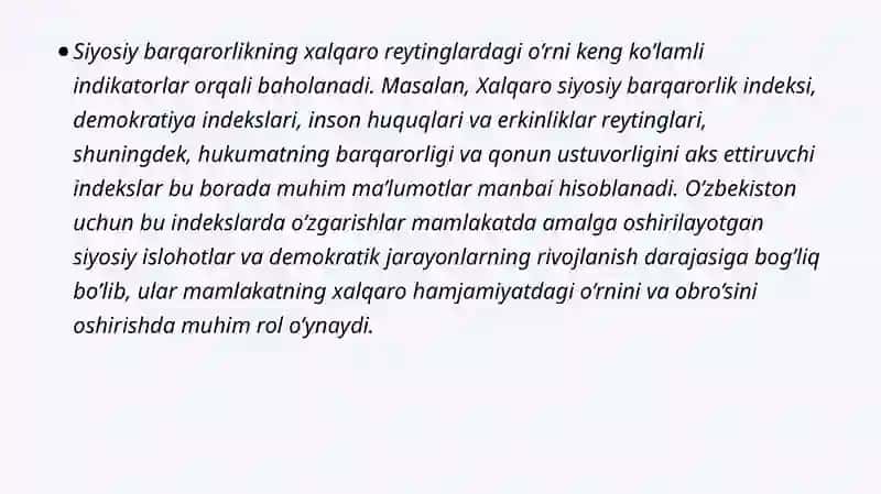 YANGI O’ZBEKISTON IJTIMOIYSIYOSIY,IQTISODIY   VA MADANIY HAYOTIDA RO’Y BERAYOTGAN O’ZGARISHLARNING XALQARO REYTING VA INDEKSLARDA AKS ETISHI 4