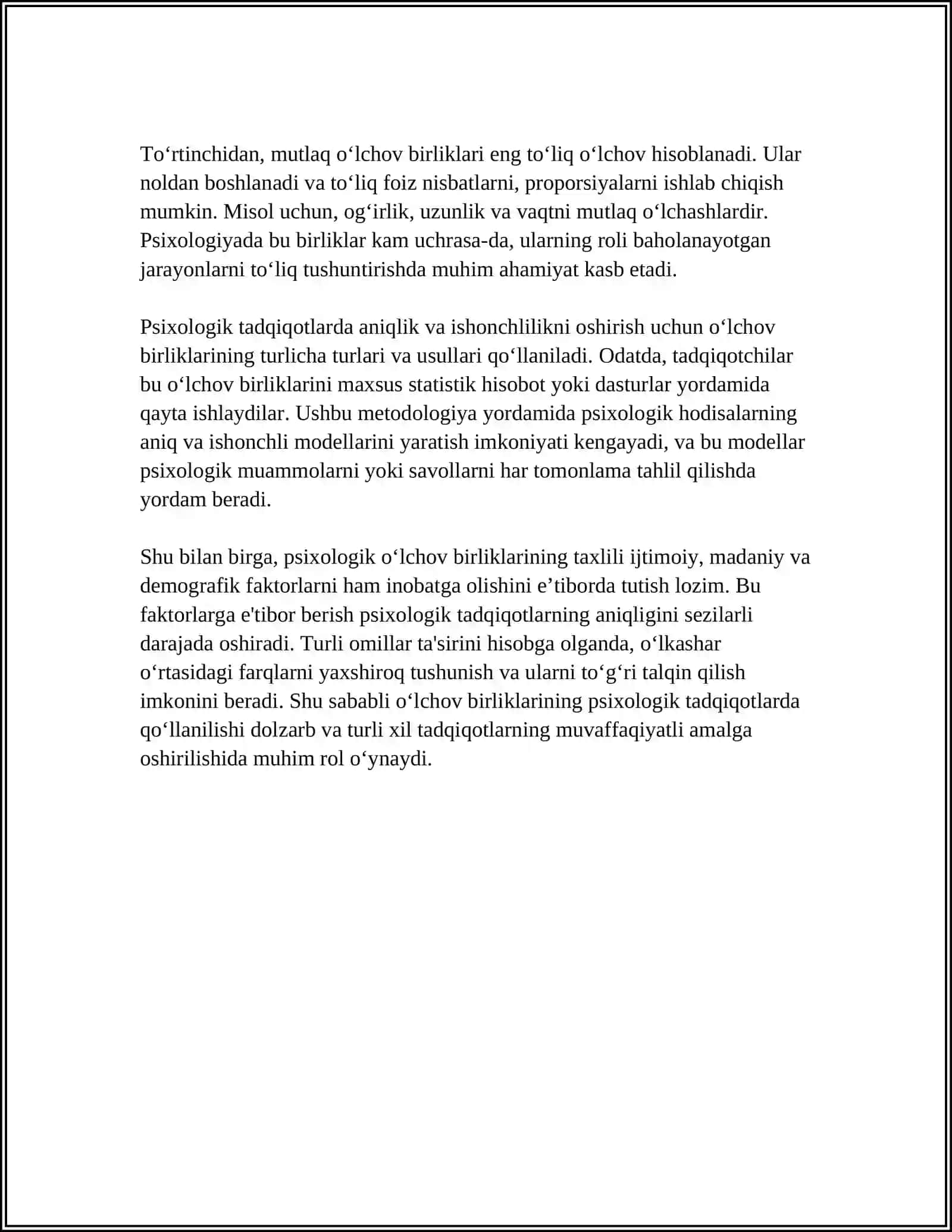 PSIXOLOGIK TADQIQOTLARDA SIFAT VA MIQDOR BIRLIGI. PSIXOLOGIYADA O’LCHOV 4
