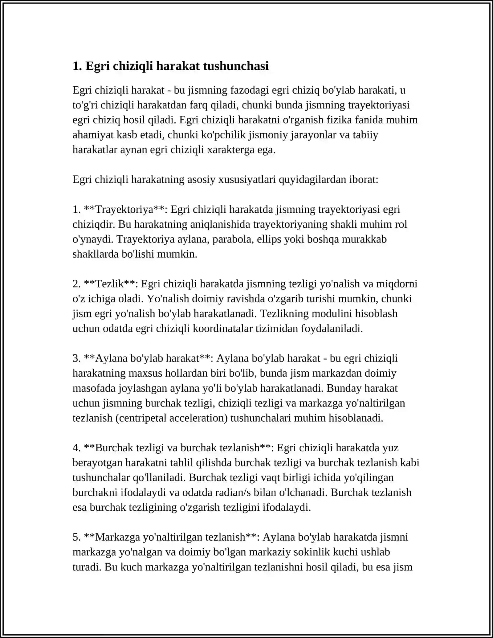 EGRI CHIZIQLI HARAKATDA TEZLIK VA TEZLANISH: TEZLANISHNING TANGENSIAL VA NORMAL TASHKIL ETUVCHILARI 4