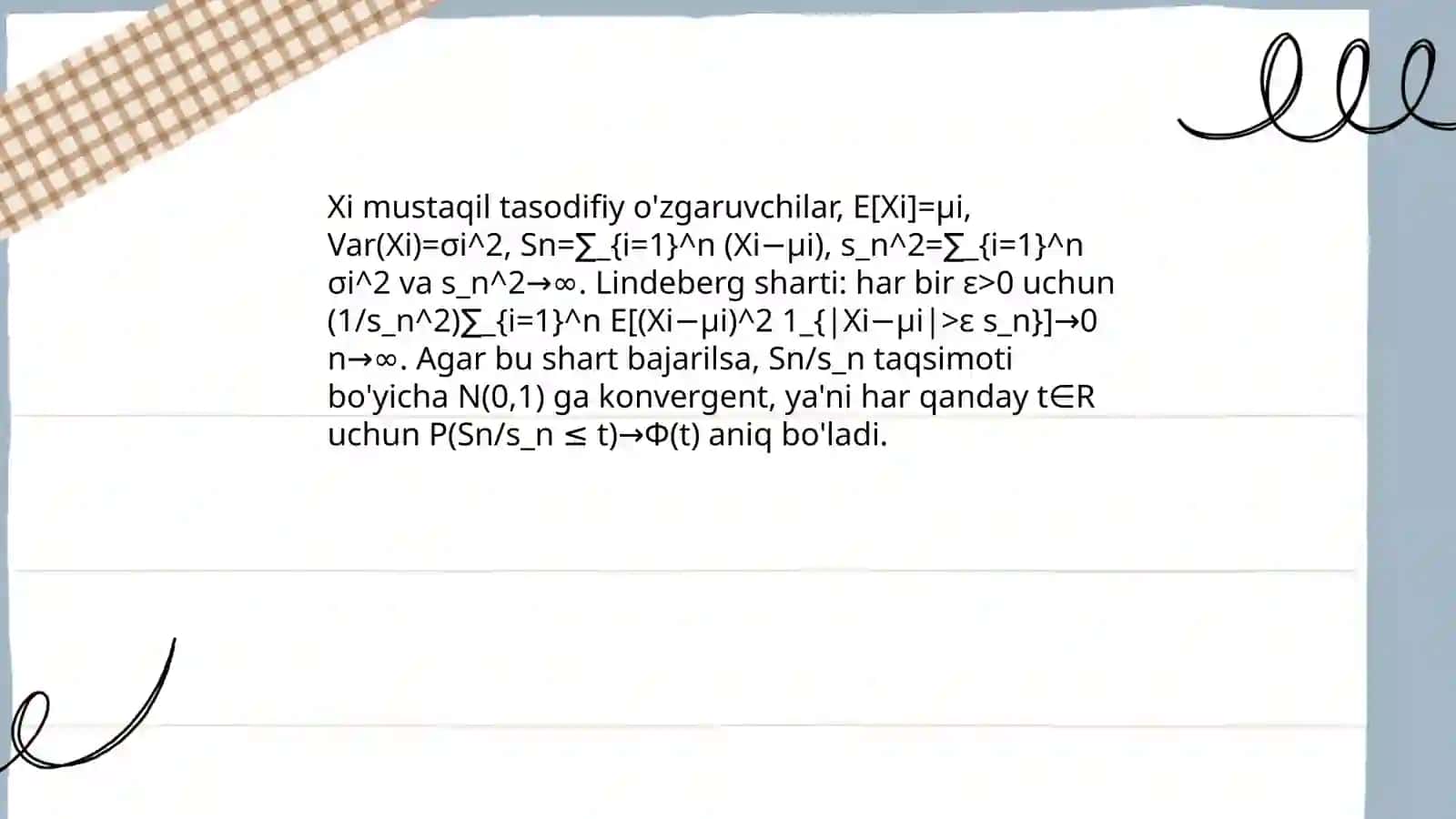 Lindeberg sharti ostida markaziy limit teoremani isbotlash 4