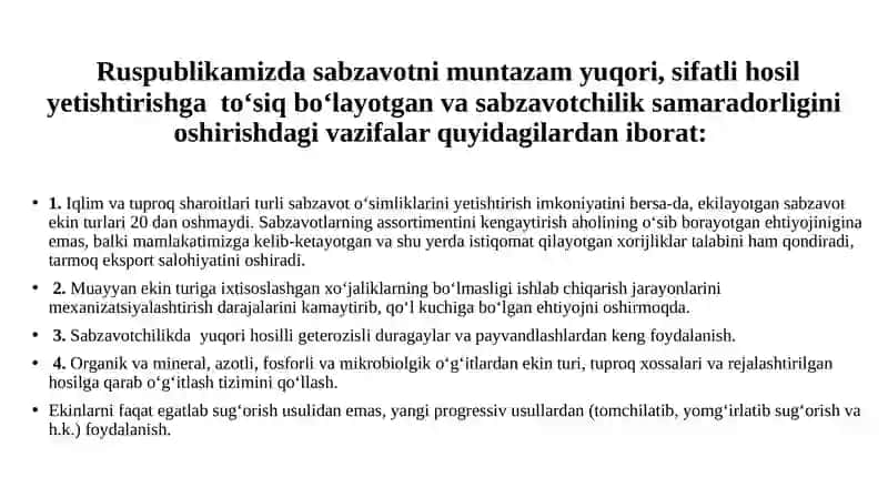 SABZAVOTChILIK  FANINING AHAMIYATI, MAQSADI, VAZIFASI VA SABZAVOTChILIKNI RIVOJLANIShI. 4