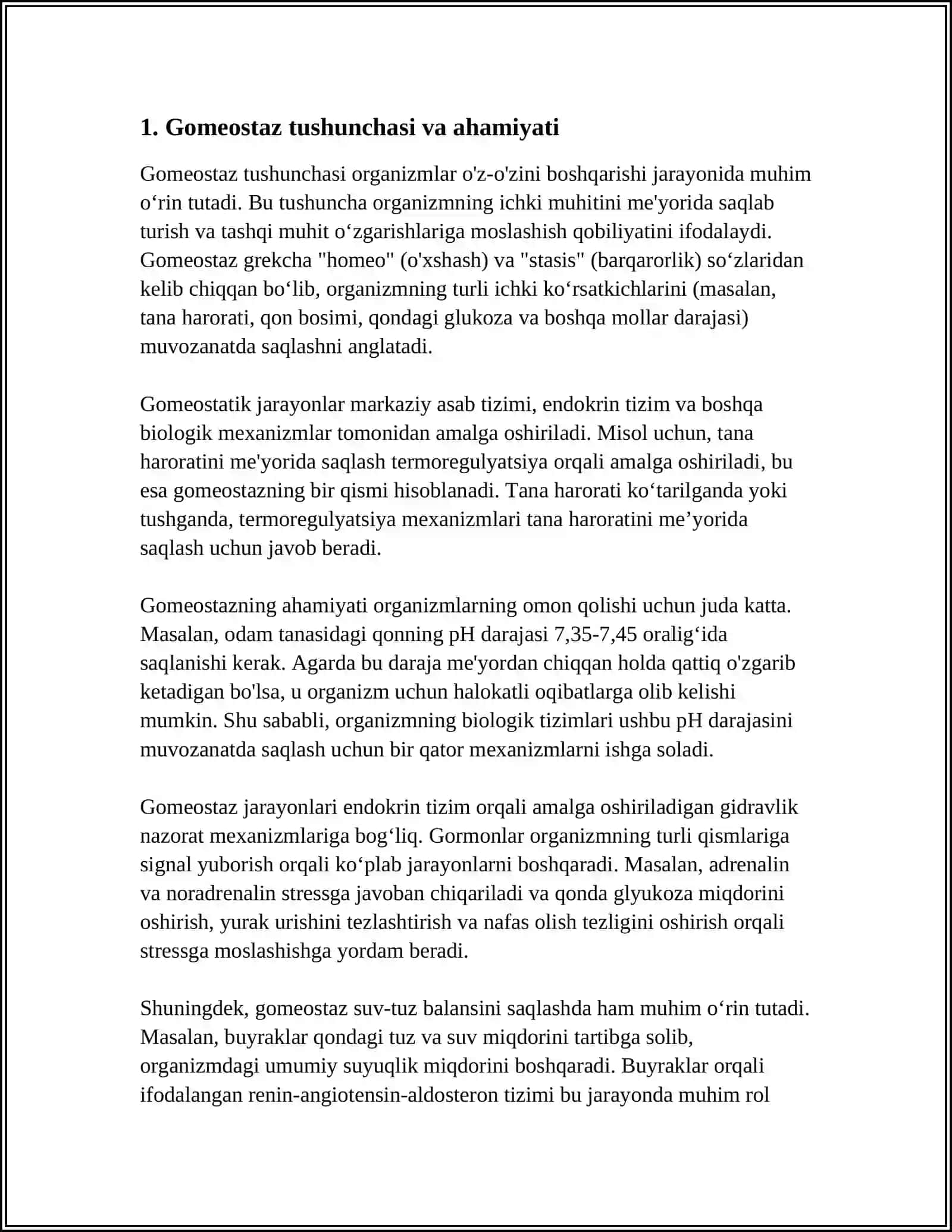 ORGANIZMNI OʻZ-OʻZINI BOSHQARISHI. FUNKSIONAL BOSHQARUV MEXANIZMLARI. GOMEOSTAZ ADAPTATSIYA 4