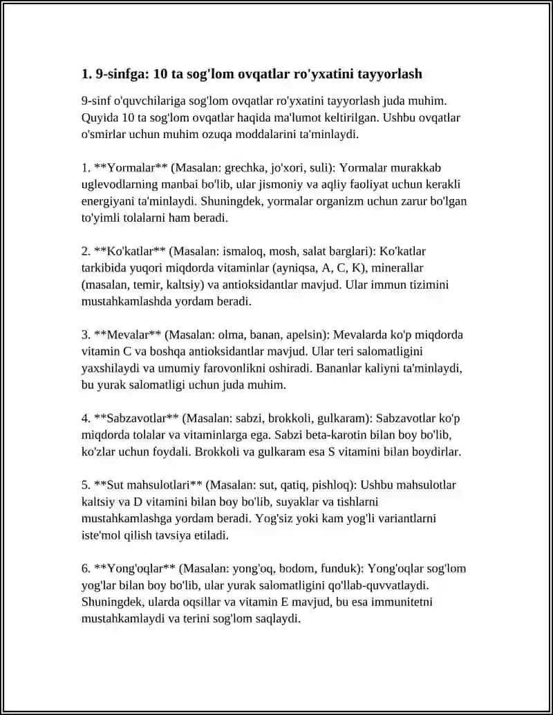 9-sinfga: 10 ta sog'lom ovqatlar ro'yxatini tayyorlash 4
