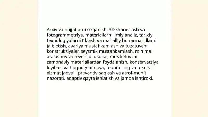 Oʻzbekiston shaharlarining asl meʼmoriy badiiy koʻrinishini asrash va rivojlantirish 4