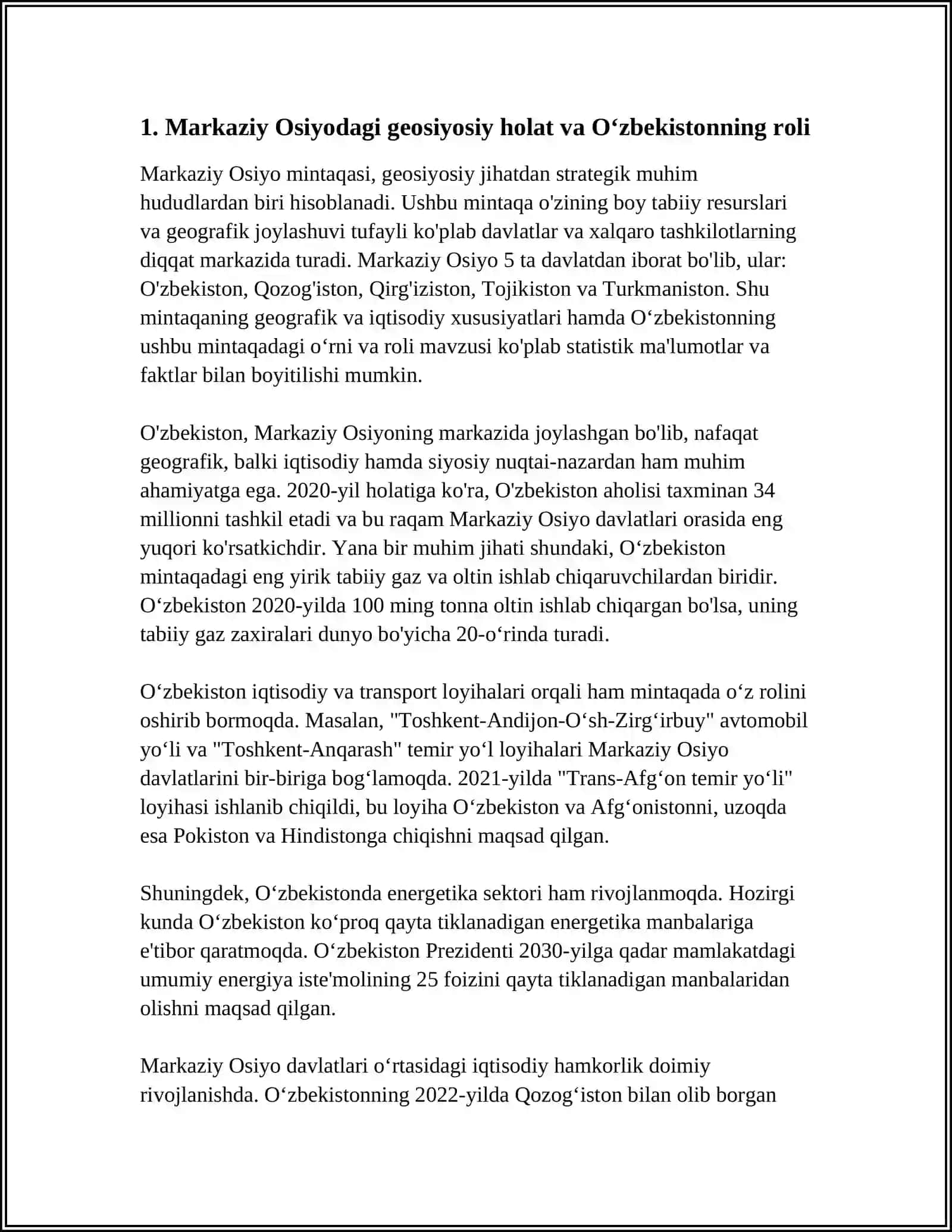 MUSTAQIL ISH Mavzu: ÒZBEKISTONNING MARKAZIY OSIYODA TINCHLIK VA BARQARORLIKNI TA'MINLASHDAGI ÒRNI 4